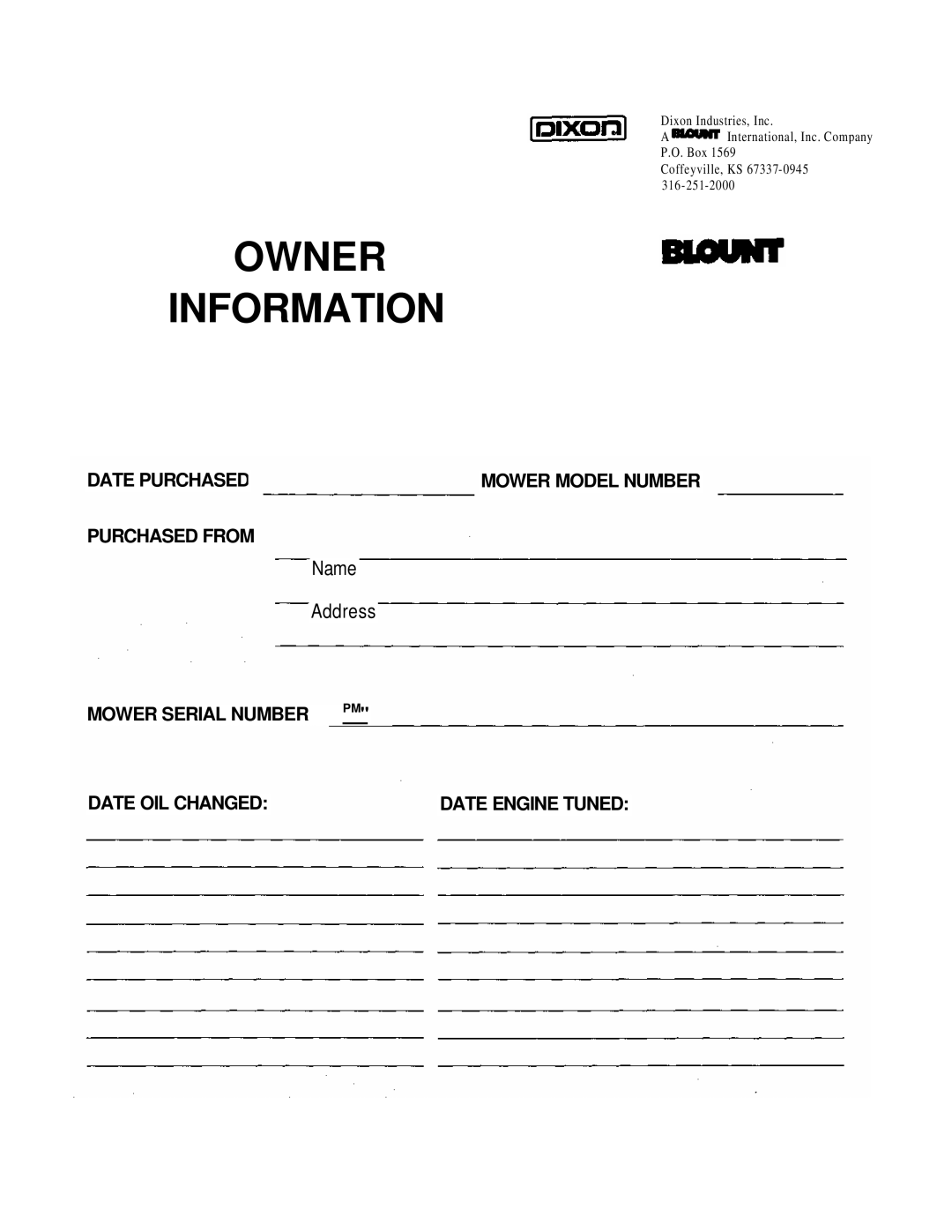 Dixon 1001 manual Date Purchased Purchased from, Mower Serial Number PM, Mower Model Number 