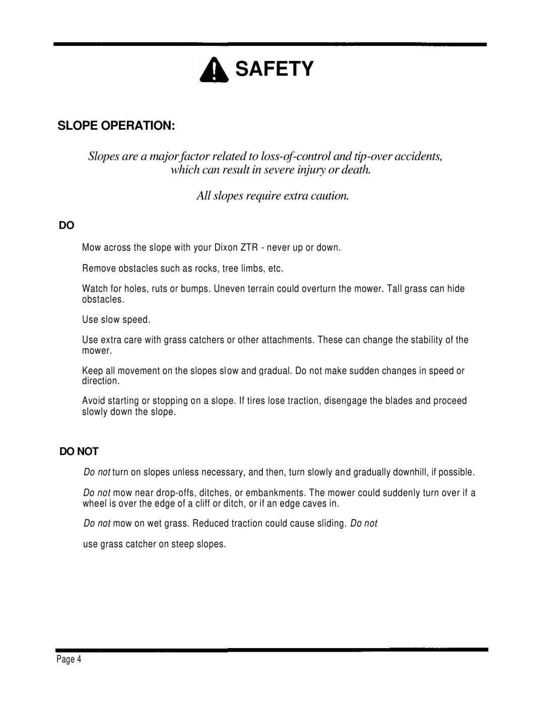 Dixon 1001 manual Slope Operation, Do not 