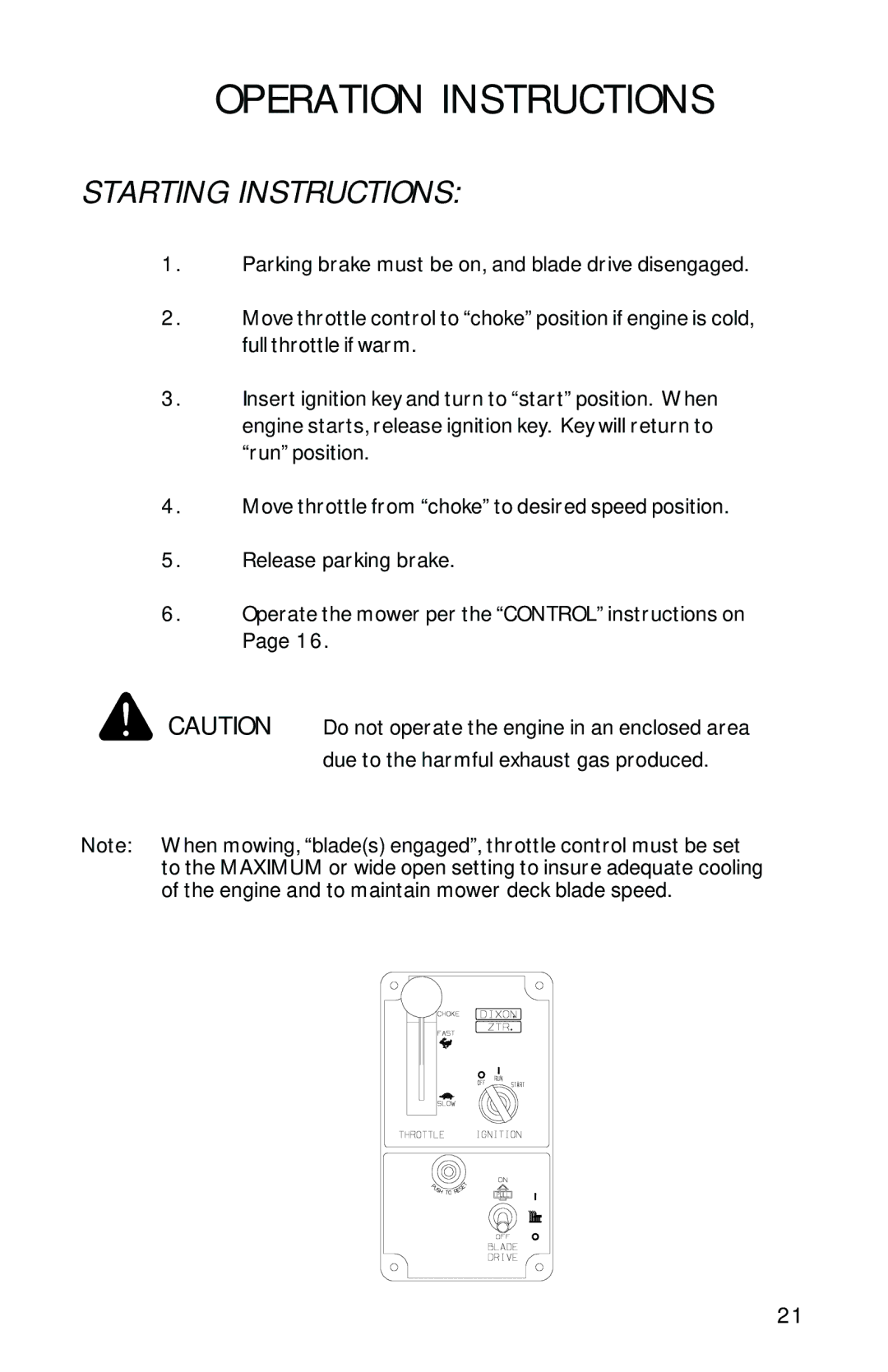 Dixon 10504-1101 manual Starting Instructions 