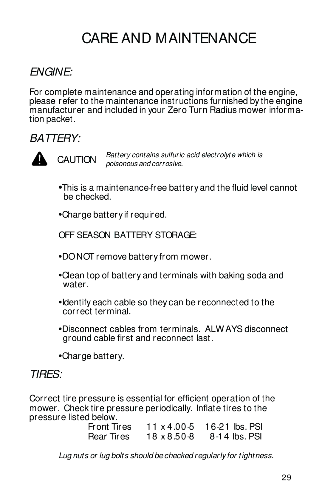 Dixon 10504-1101 manual Engine, Battery, Tires 