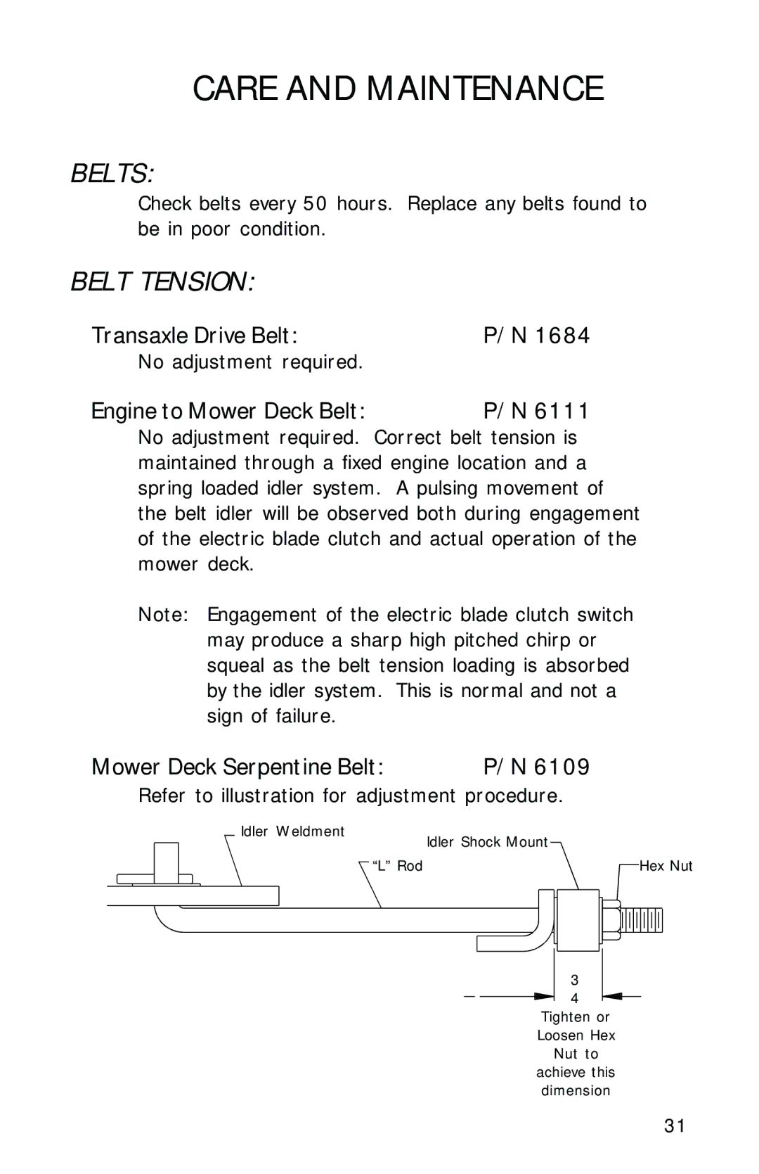 Dixon 10504-1101 manual Belts, Belt Tension 