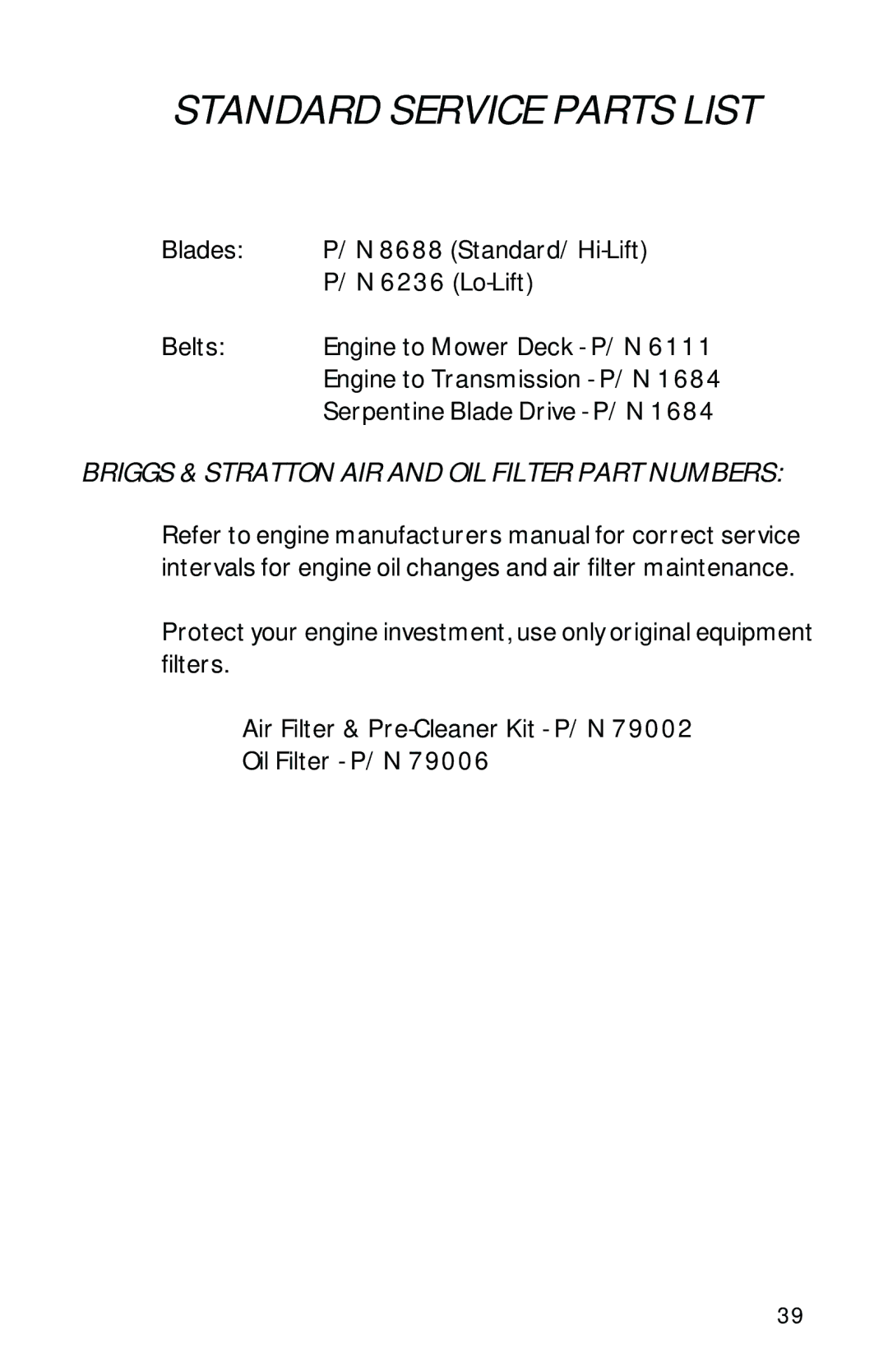 Dixon 10504-1101 manual Standard Service Parts List 