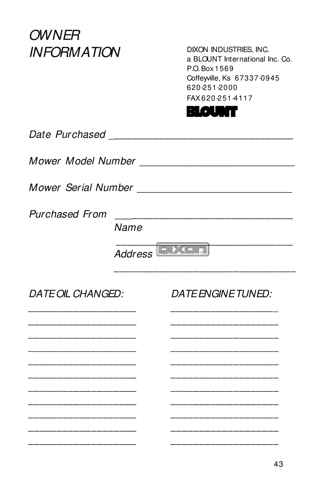 Dixon 10504-1101 manual Owner Information 