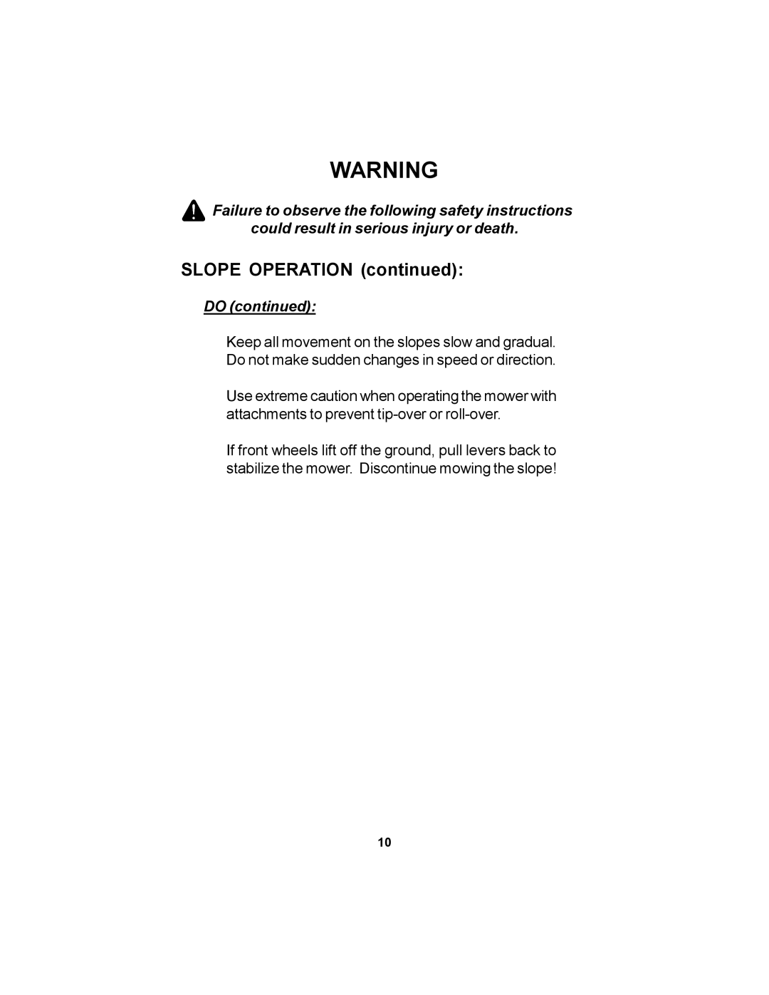 Dixon 11249-0605 manual Slope Operation 