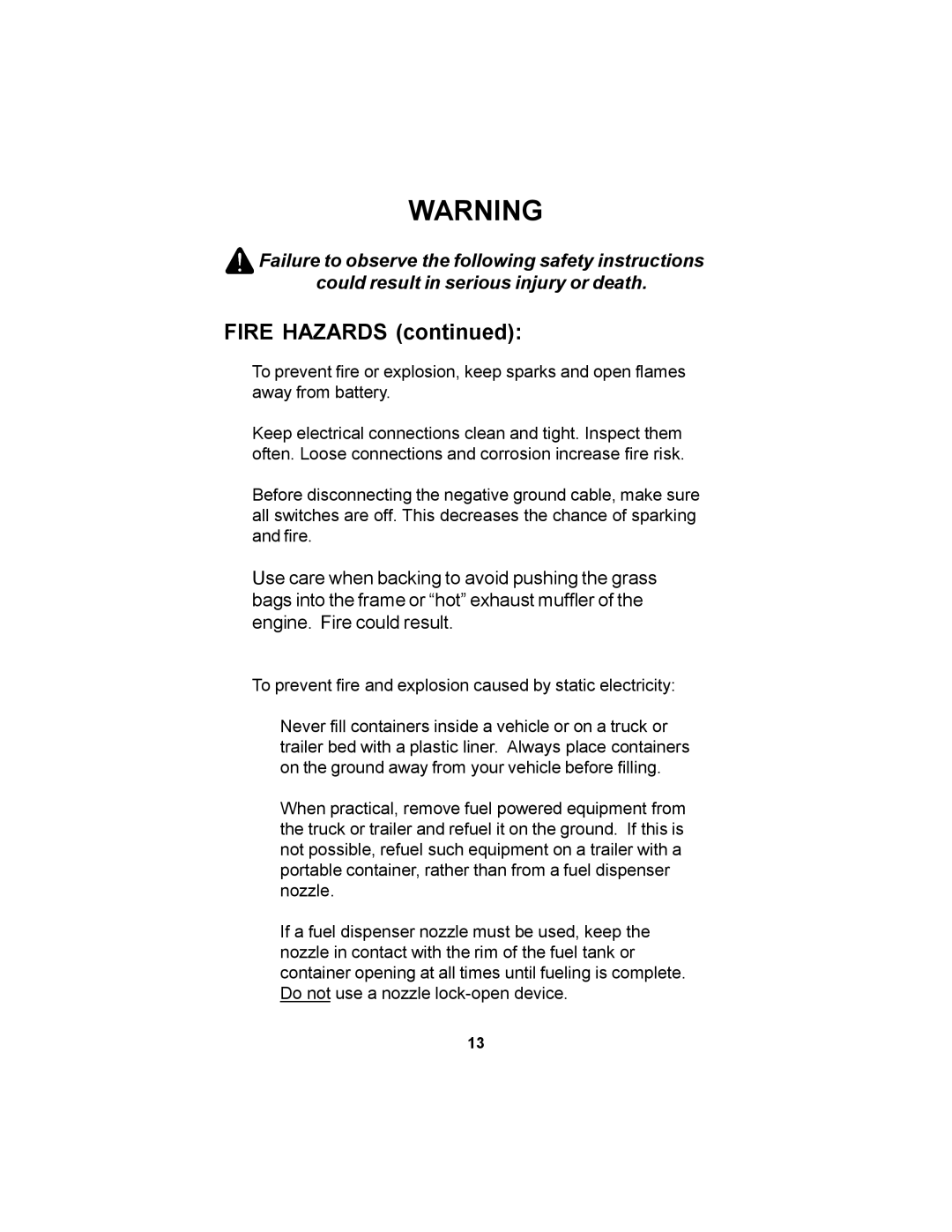 Dixon 11249-0605 manual Fire Hazards 