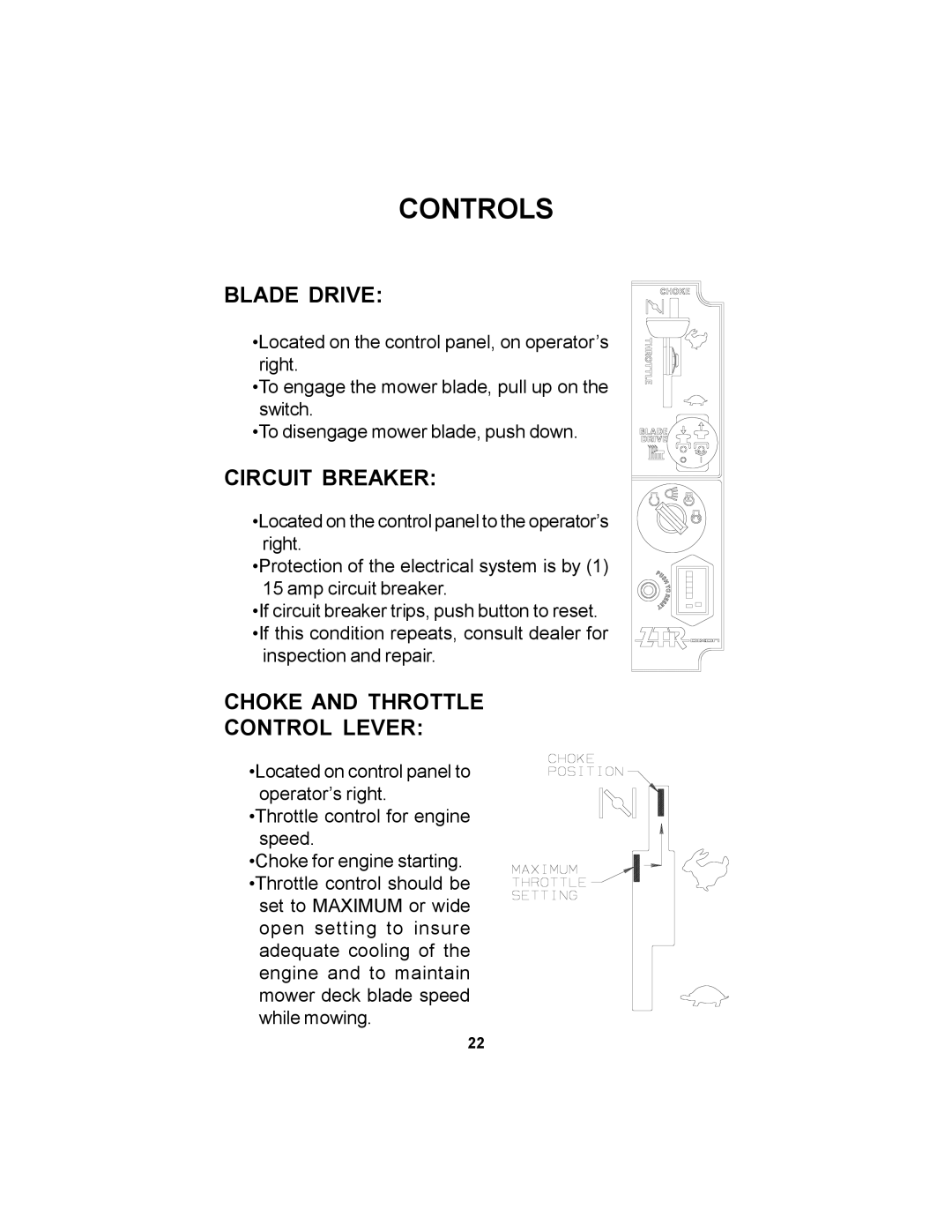 Dixon 11249-0605 manual Blade Drive, Circuit Breaker, Choke and Throttle Control Lever 