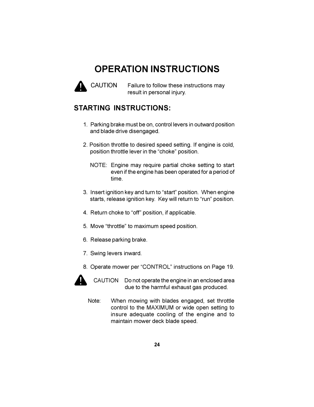 Dixon 11249-0605 manual Starting Instructions 