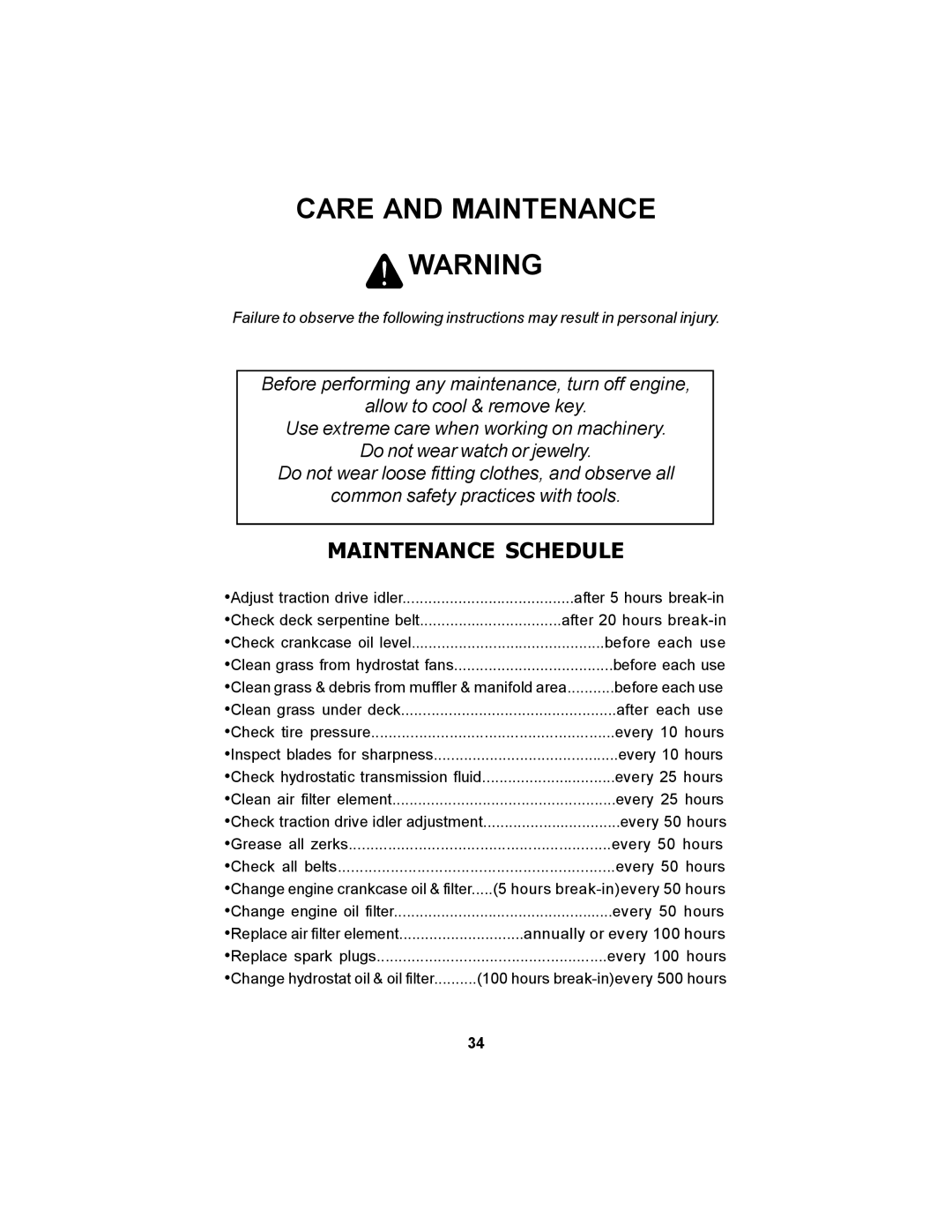 Dixon 11249-0605 manual Care and Maintenance, Maintenance Schedule 