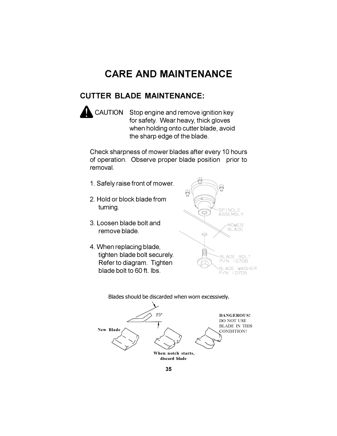 Dixon 11249-0605 manual Cutter Blade Maintenance 