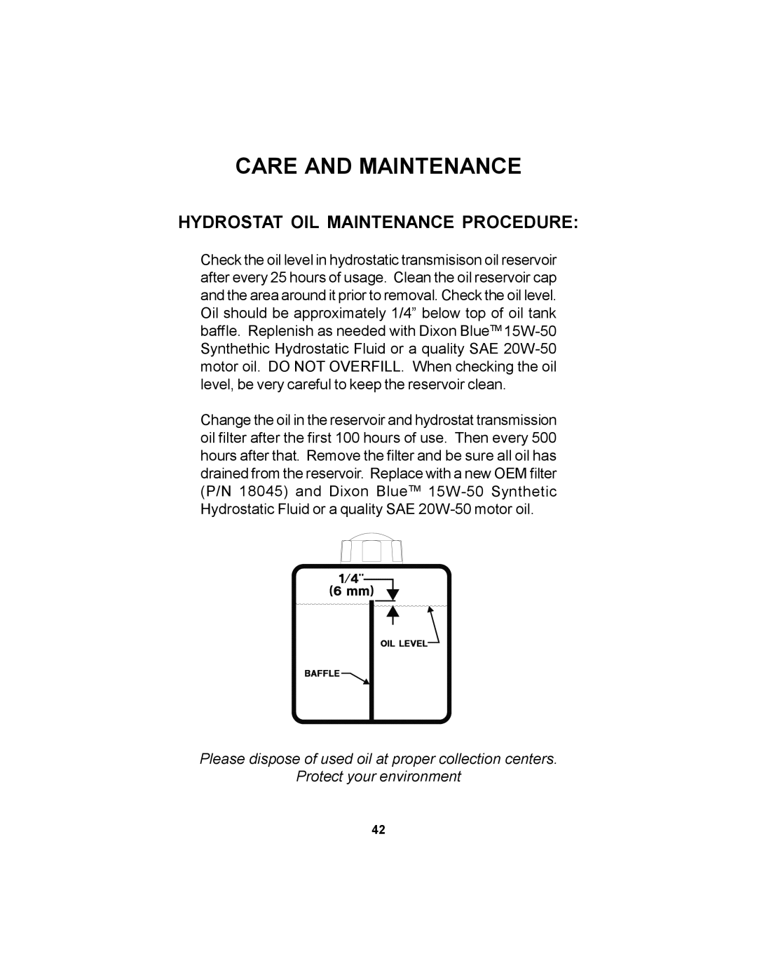 Dixon 11249-0605 manual Hydrostat OIL Maintenance Procedure 