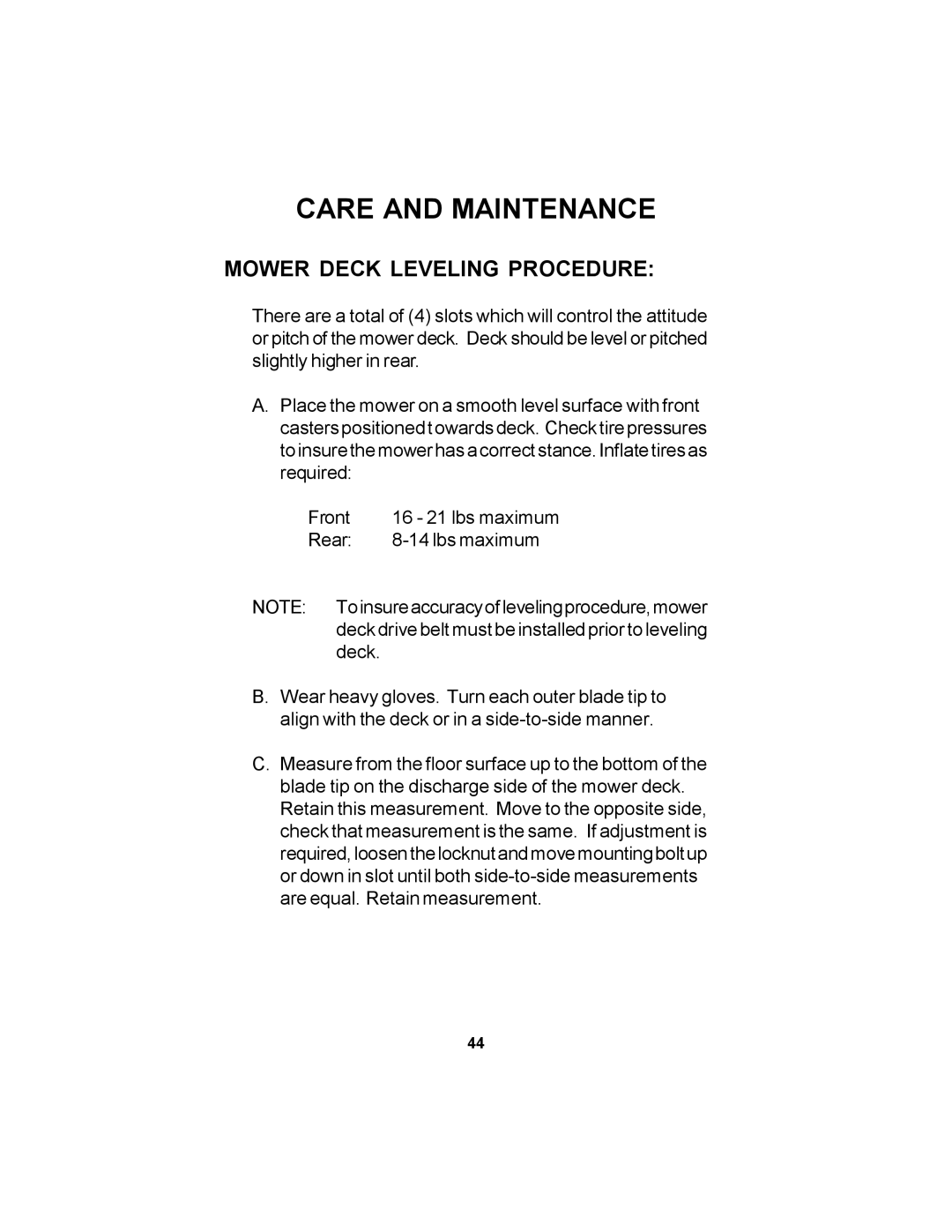 Dixon 11249-0605 manual Mower Deck Leveling Procedure 