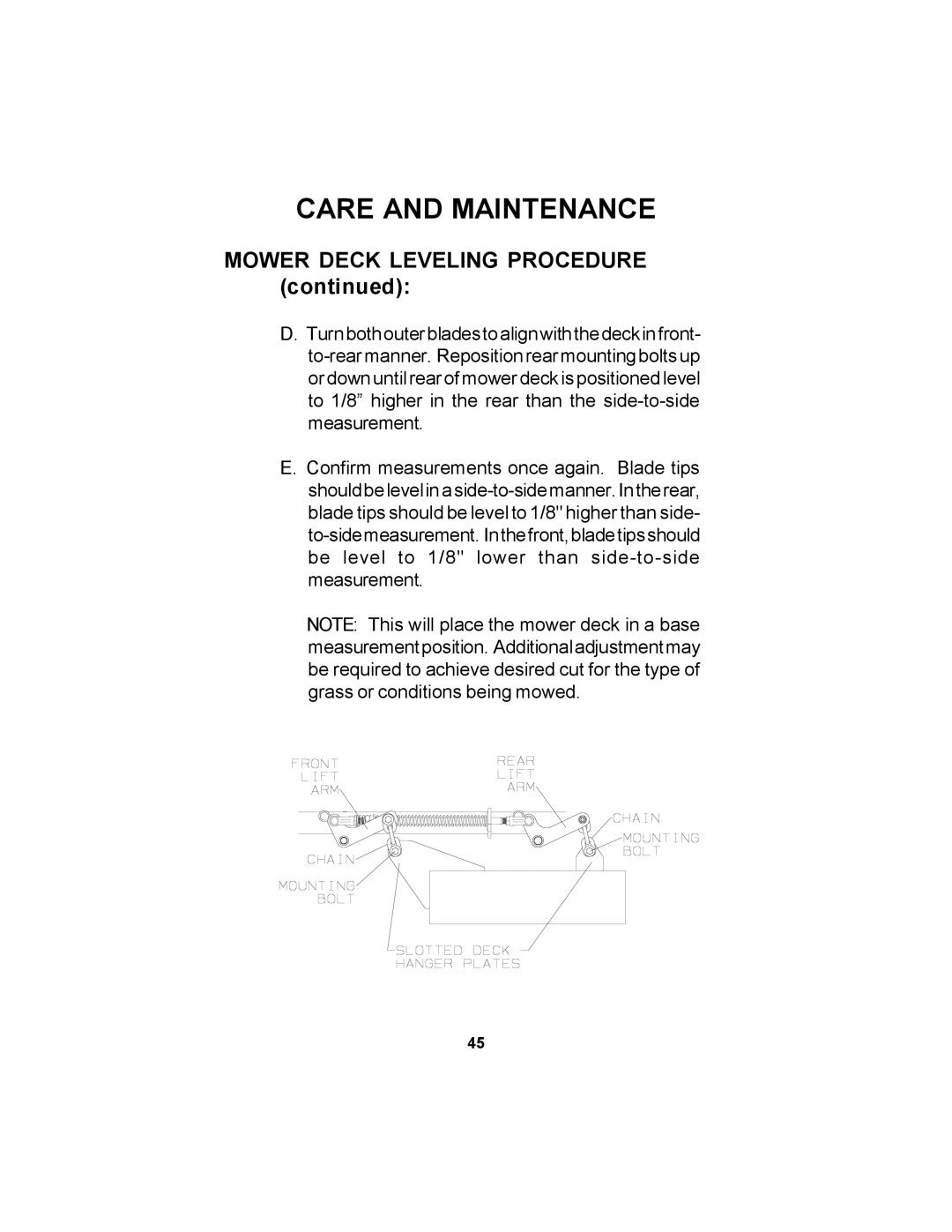 Dixon 11249-0605 manual Mower Deck Leveling Procedure 