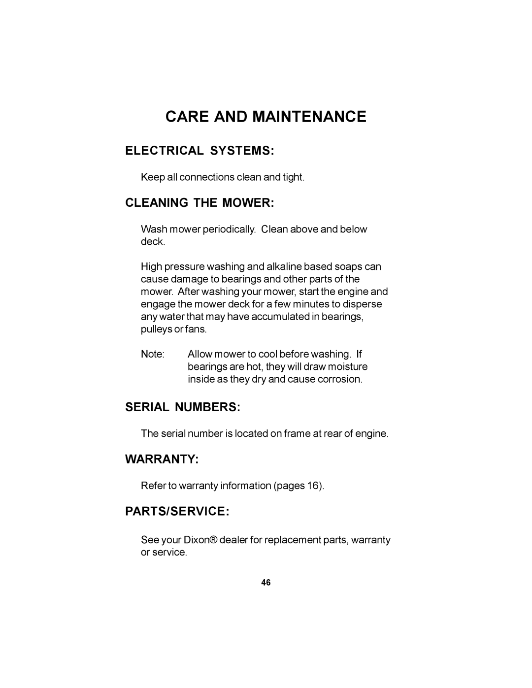 Dixon 11249-0605 manual Electrical Systems, Cleaning the Mower, Serial Numbers, Warranty, Parts/Service 