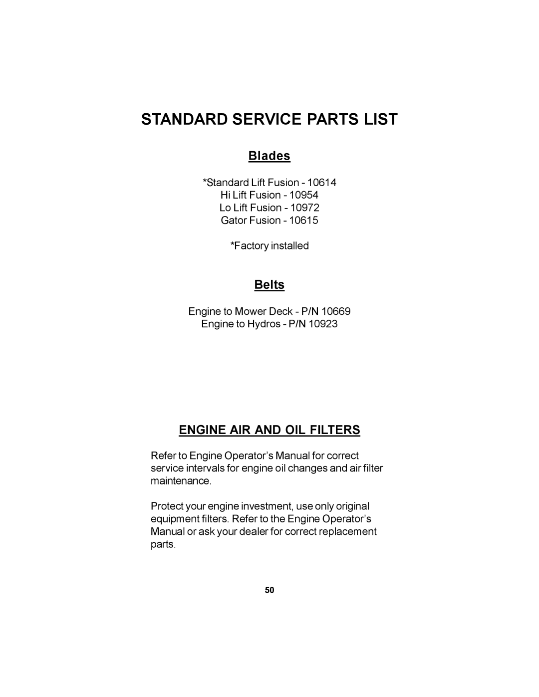 Dixon 11249-0605 manual Standard Service Parts List, Blades, Belts, Engine AIR and OIL Filters 