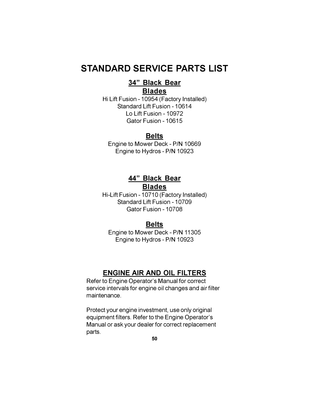 Dixon 11249-106 manual Standard Service Parts List, Black Bear Blades, Belts, Engine AIR and OIL Filters 