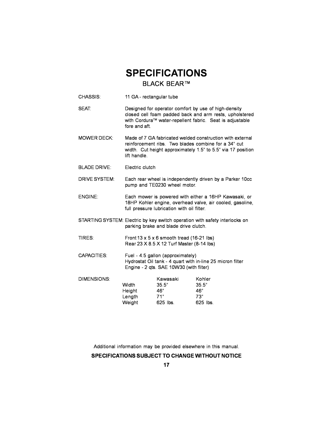 Dixon 11249-106 manual Specifications, Black Bear 