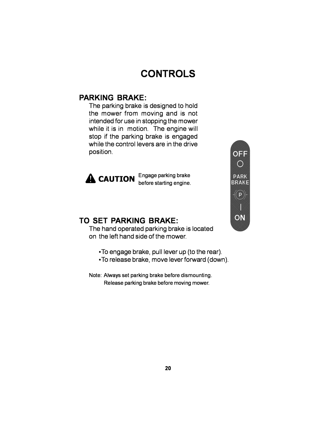 Dixon 11249-106 manual To Set Parking Brake, Controls 