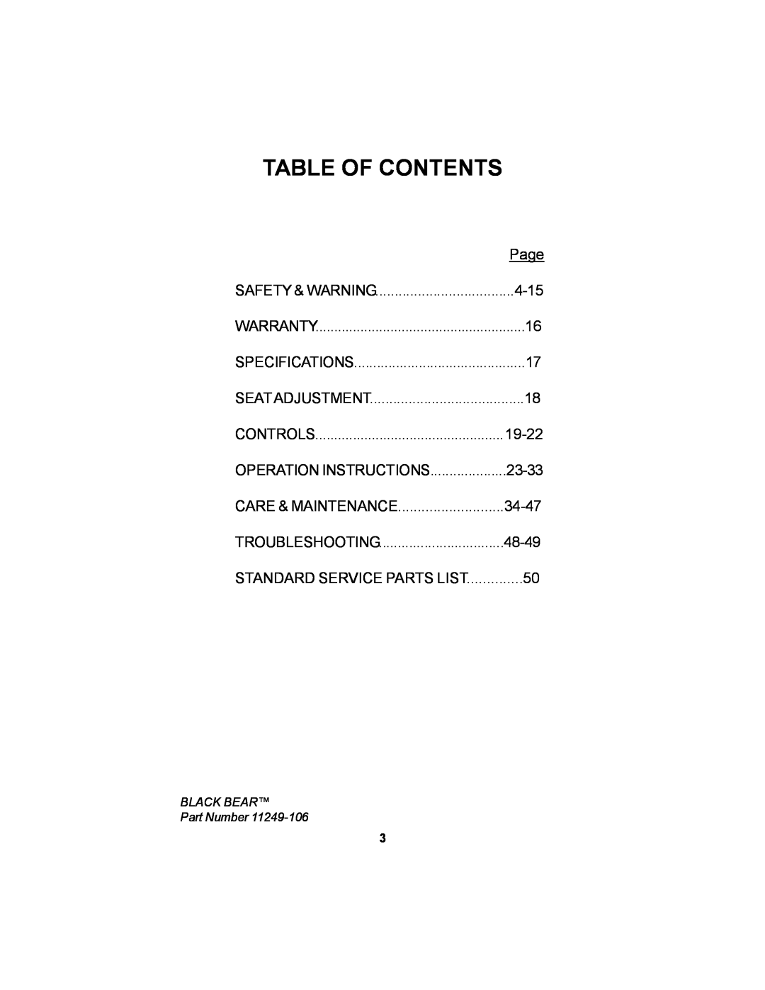 Dixon 11249-106 manual Table Of Contents 