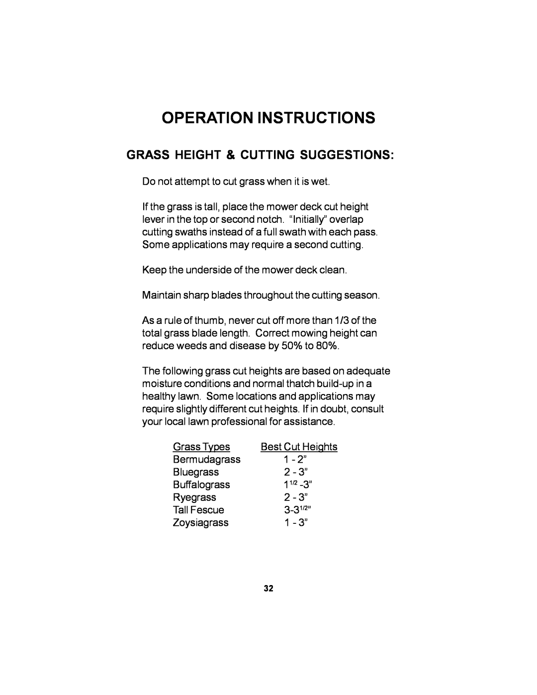 Dixon 11249-106 manual Grass Height & Cutting Suggestions, Operation Instructions 