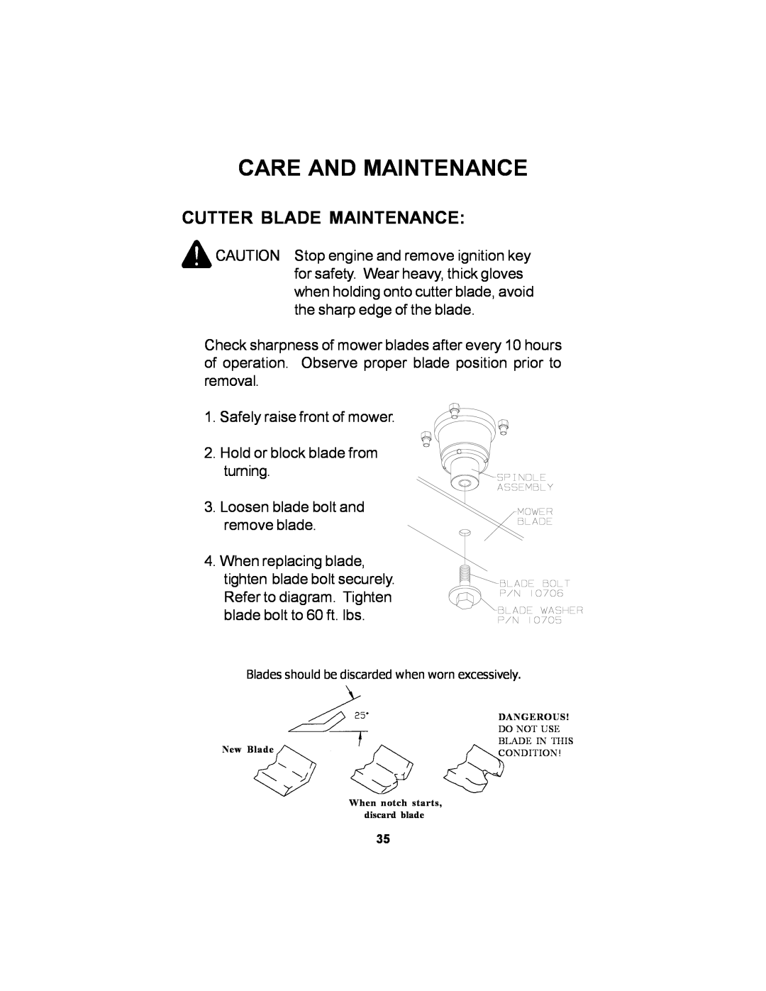 Dixon 11249-106 manual Cutter Blade Maintenance, Care And Maintenance 