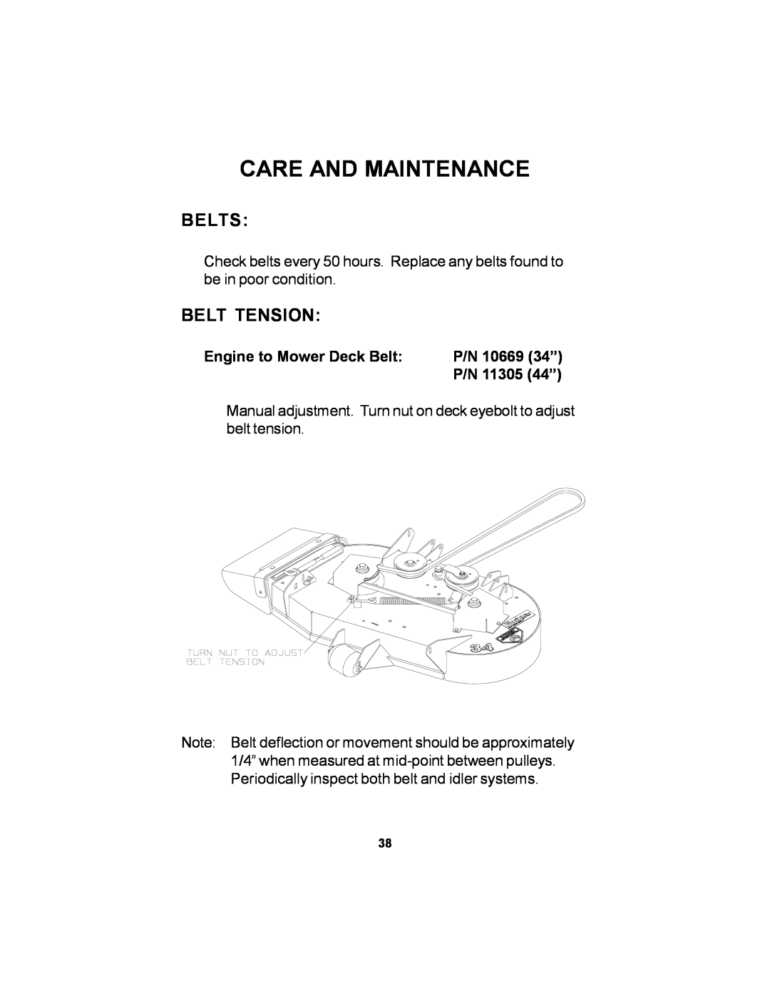 Dixon 11249-106 manual Belts, Belt Tension, Care And Maintenance, Engine to Mower Deck Belt, P/N 10669 34”, P/N 11305 44” 