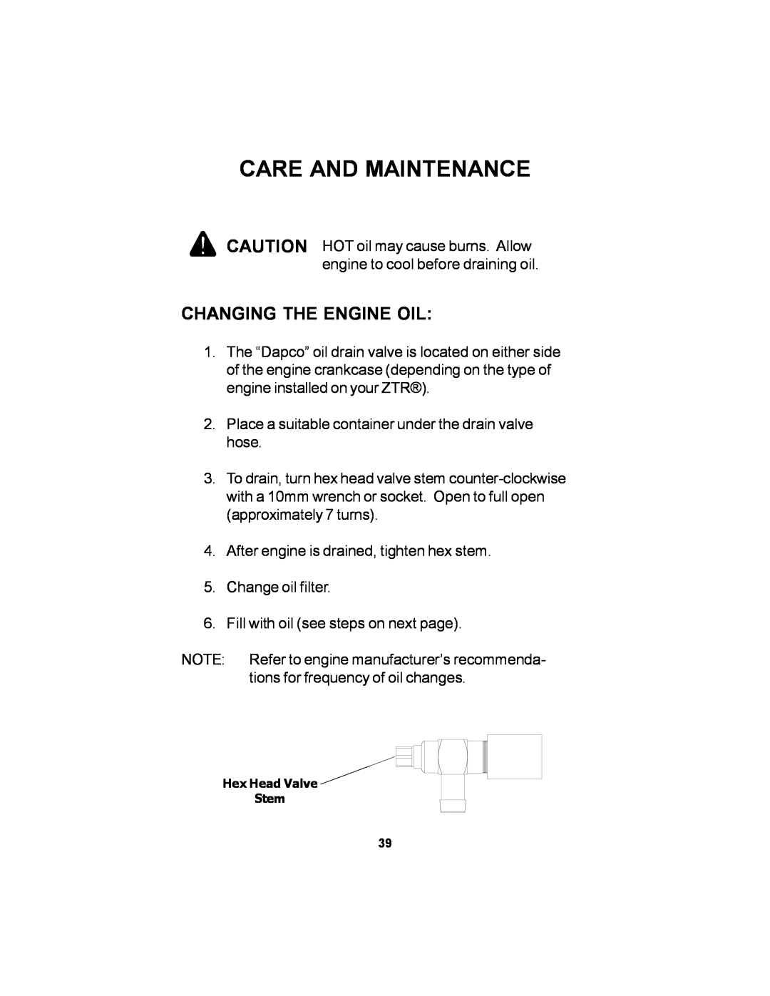 Dixon 11249-106 manual Changing The Engine Oil, Care And Maintenance 