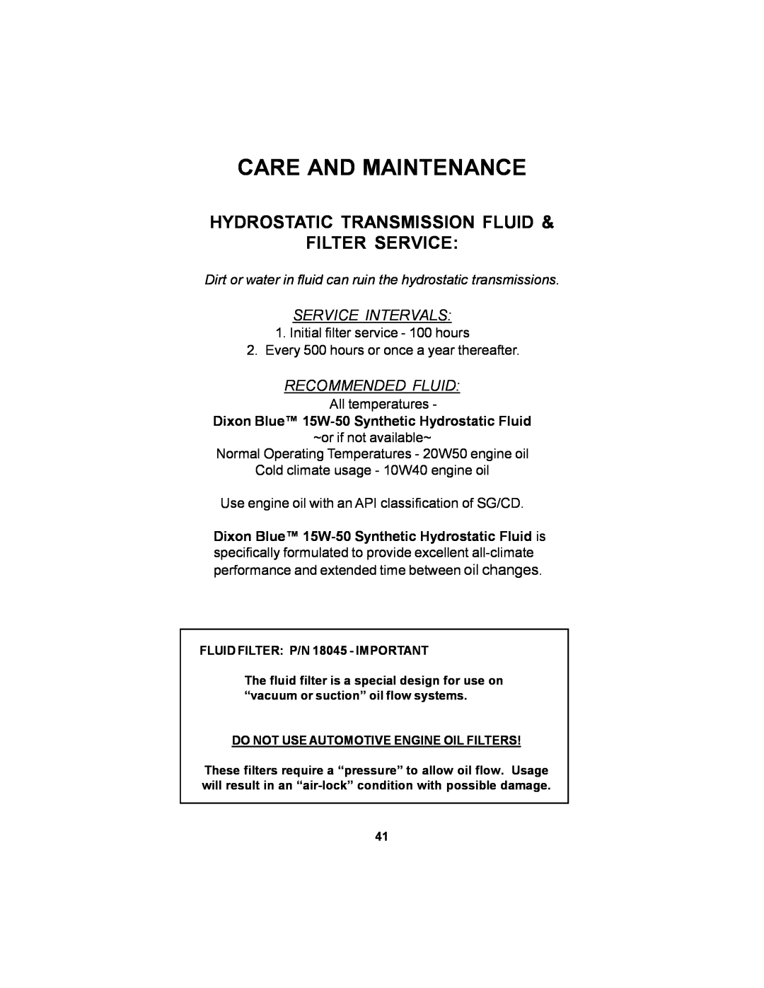 Dixon 11249-106 manual Hydrostatic Transmission Fluid & Filter Service, Care And Maintenance, Service Intervals 