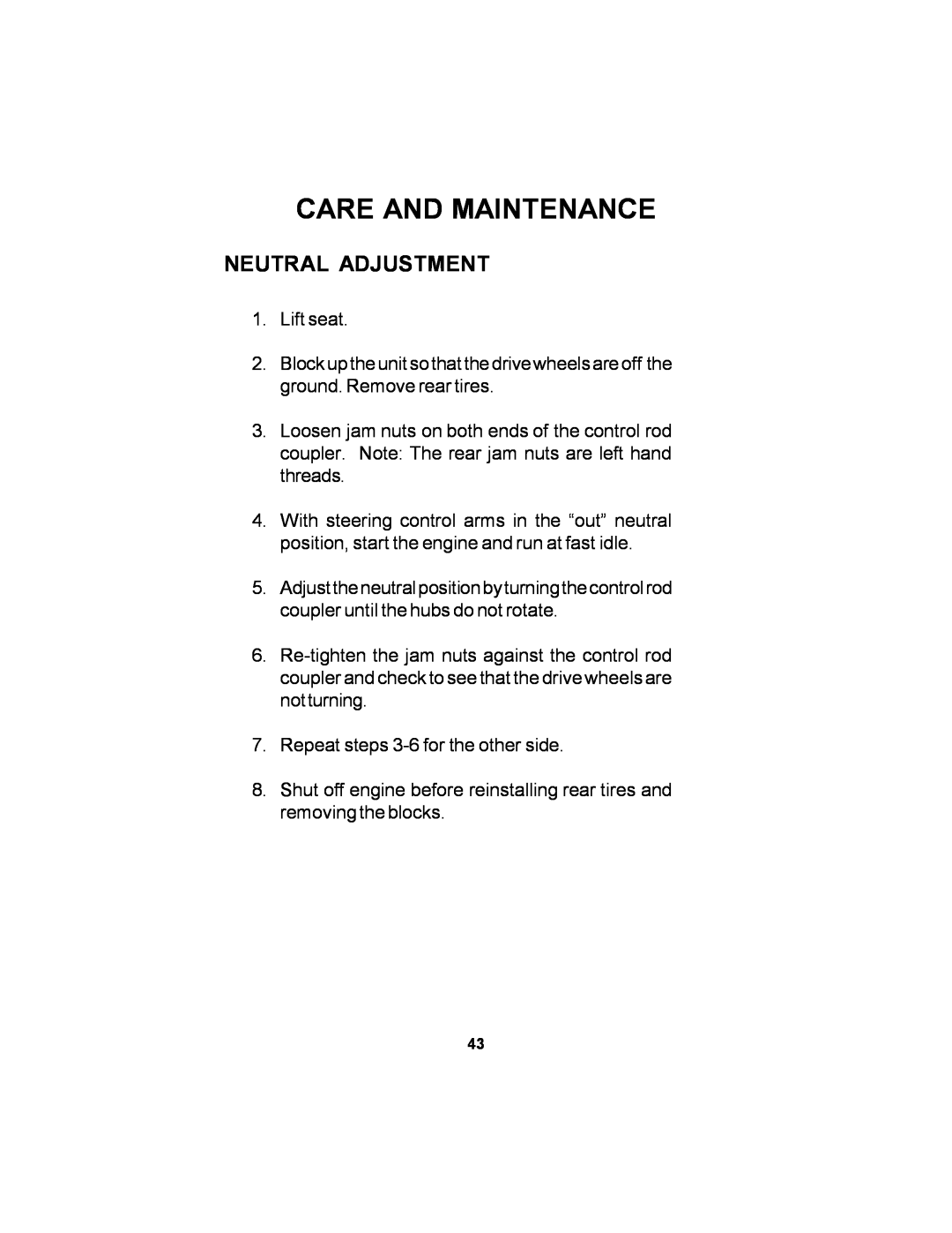 Dixon 11249-106 manual Neutral Adjustment, Care And Maintenance 