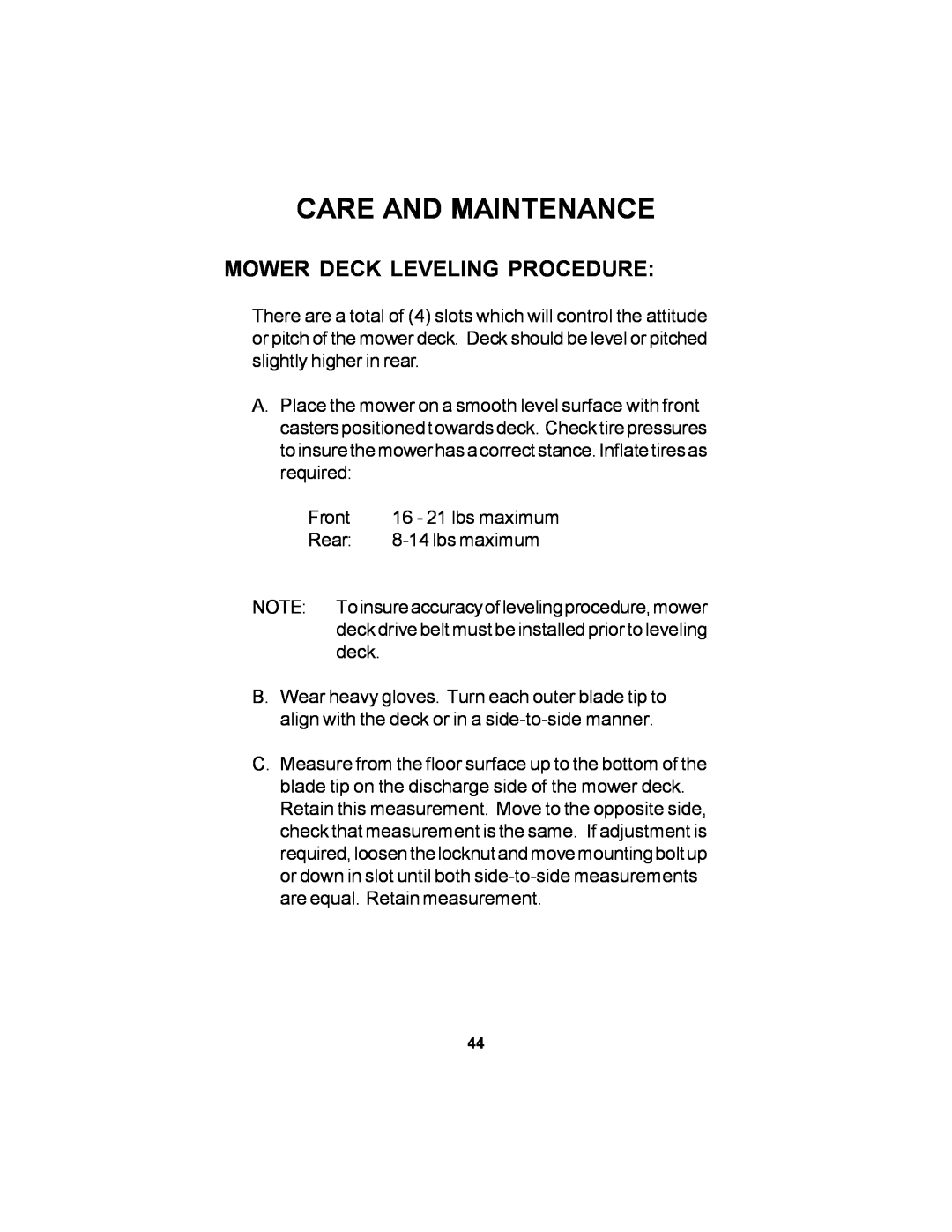 Dixon 11249-106 manual Mower Deck Leveling Procedure, Care And Maintenance 