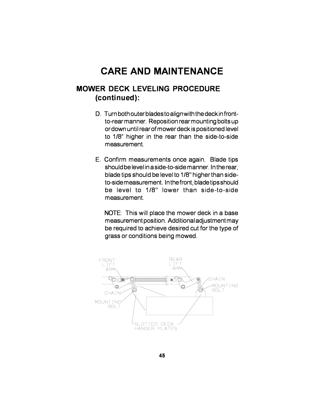 Dixon 11249-106 manual MOWER DECK LEVELING PROCEDURE continued, Care And Maintenance 