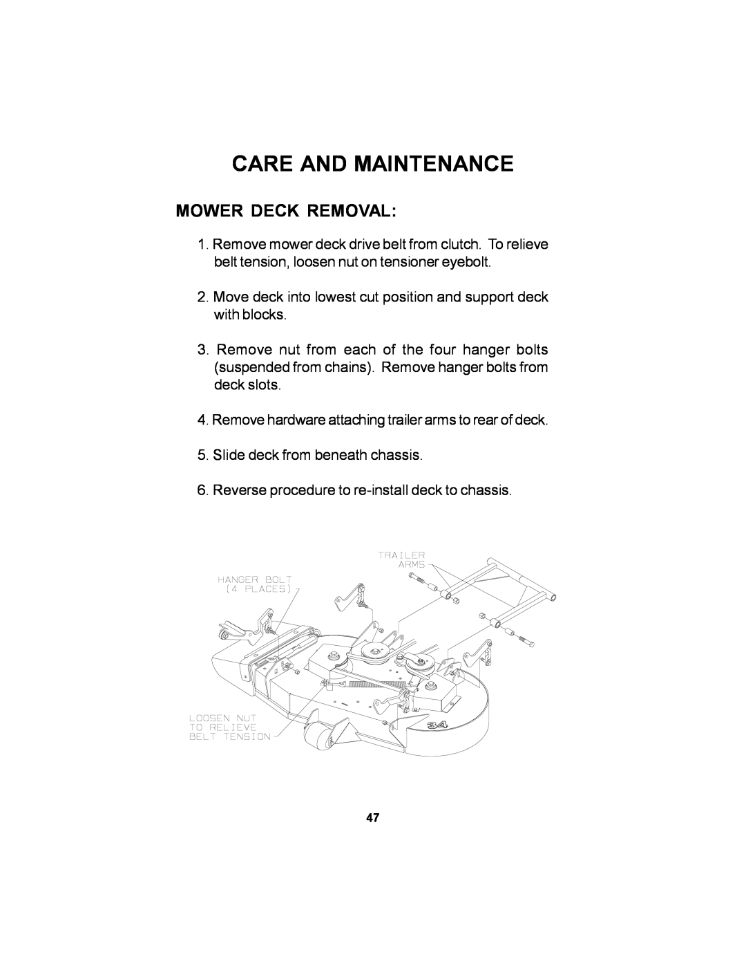 Dixon 11249-106 manual Mower Deck Removal, Care And Maintenance 