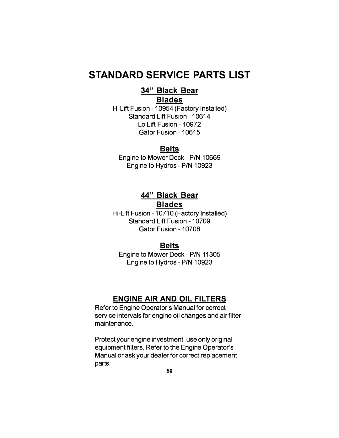 Dixon 11249-106 manual Standard Service Parts List, 34” Black Bear Blades, Belts, 44” Black Bear Blades 