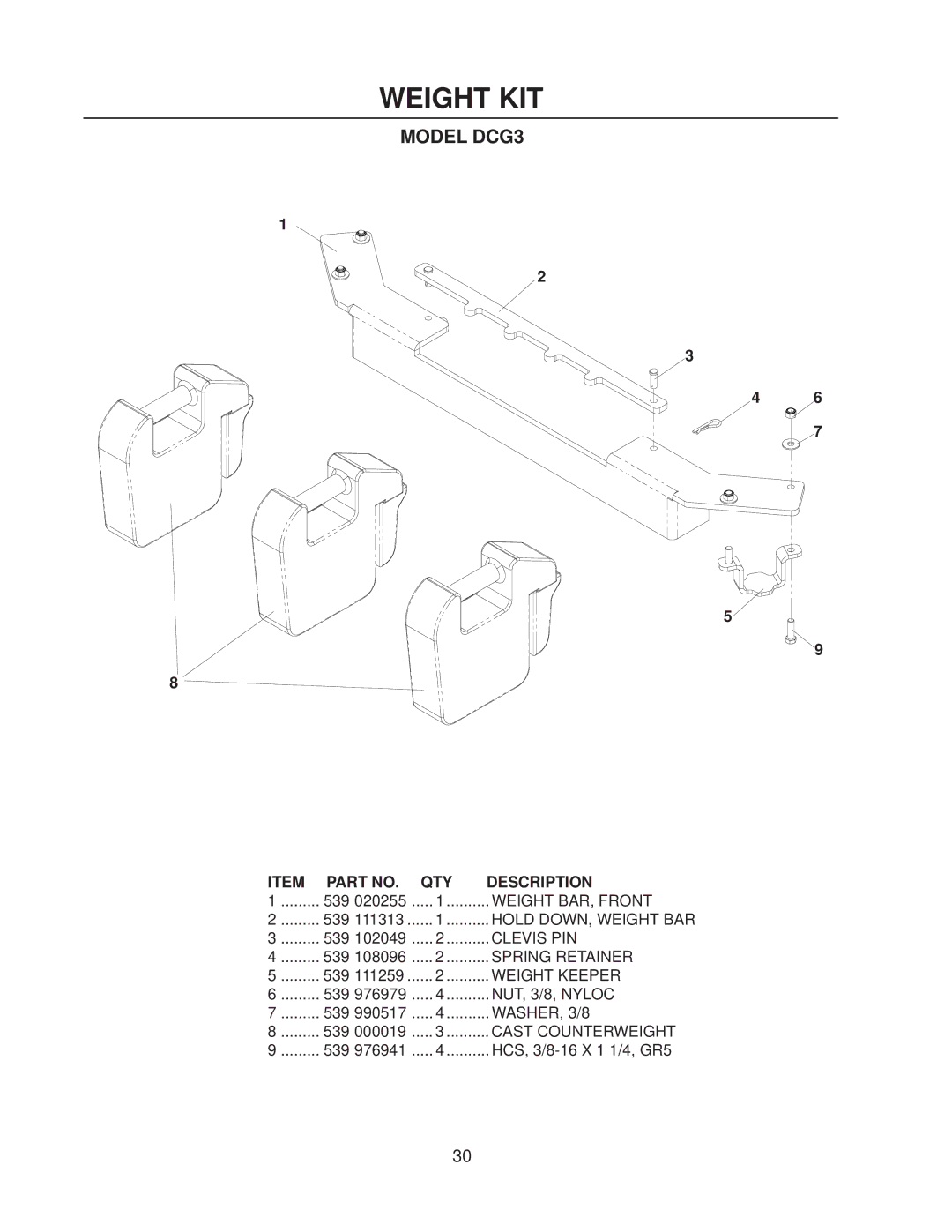 Dixon 114863 - DCK3 manual Weight KIT, Model DCG3 