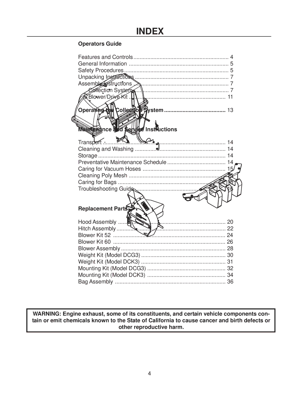 Dixon 114863 - DCK3 manual Index, Operators Guide 