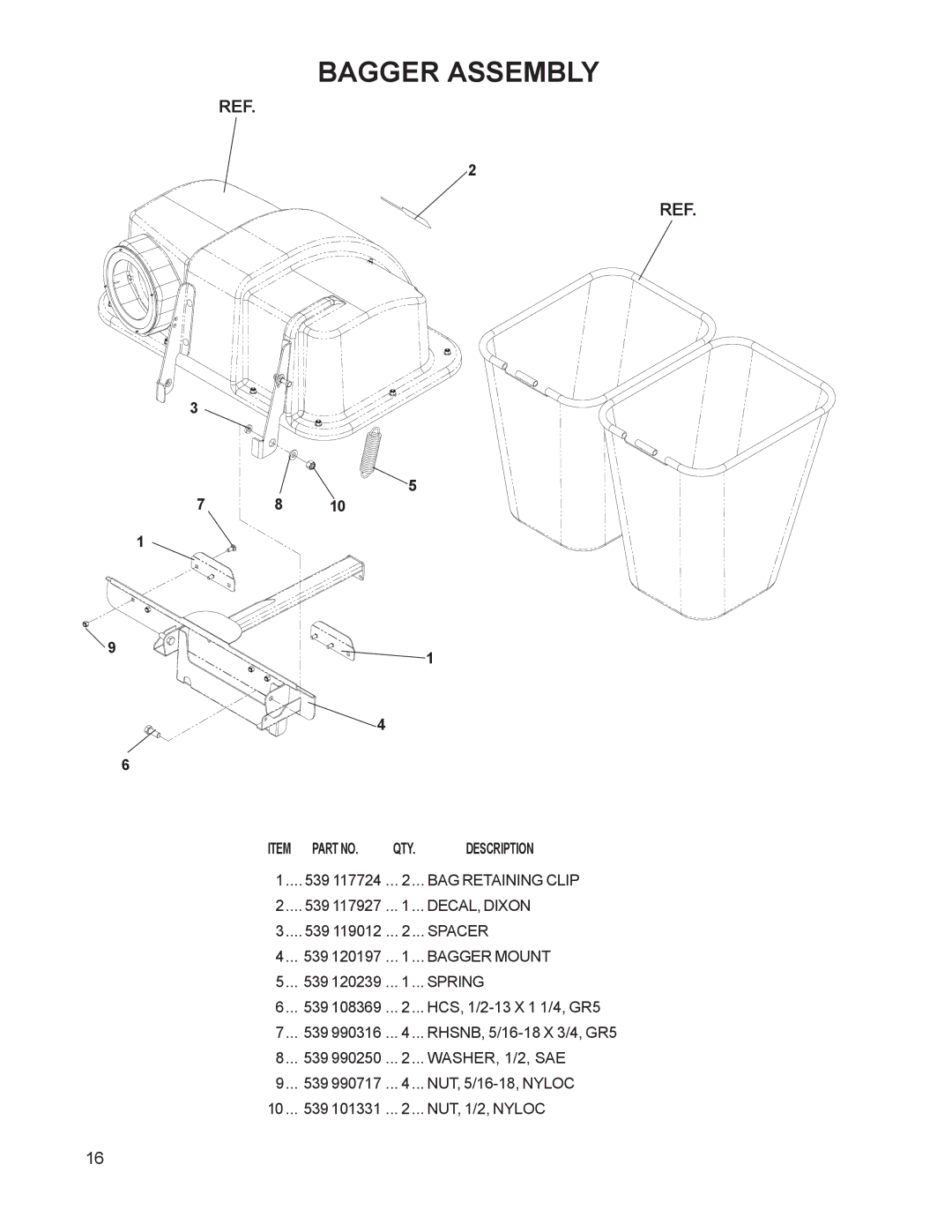 Dixon 114893 - DCK2, 114892-DCR2 manual Bagger Assembly 