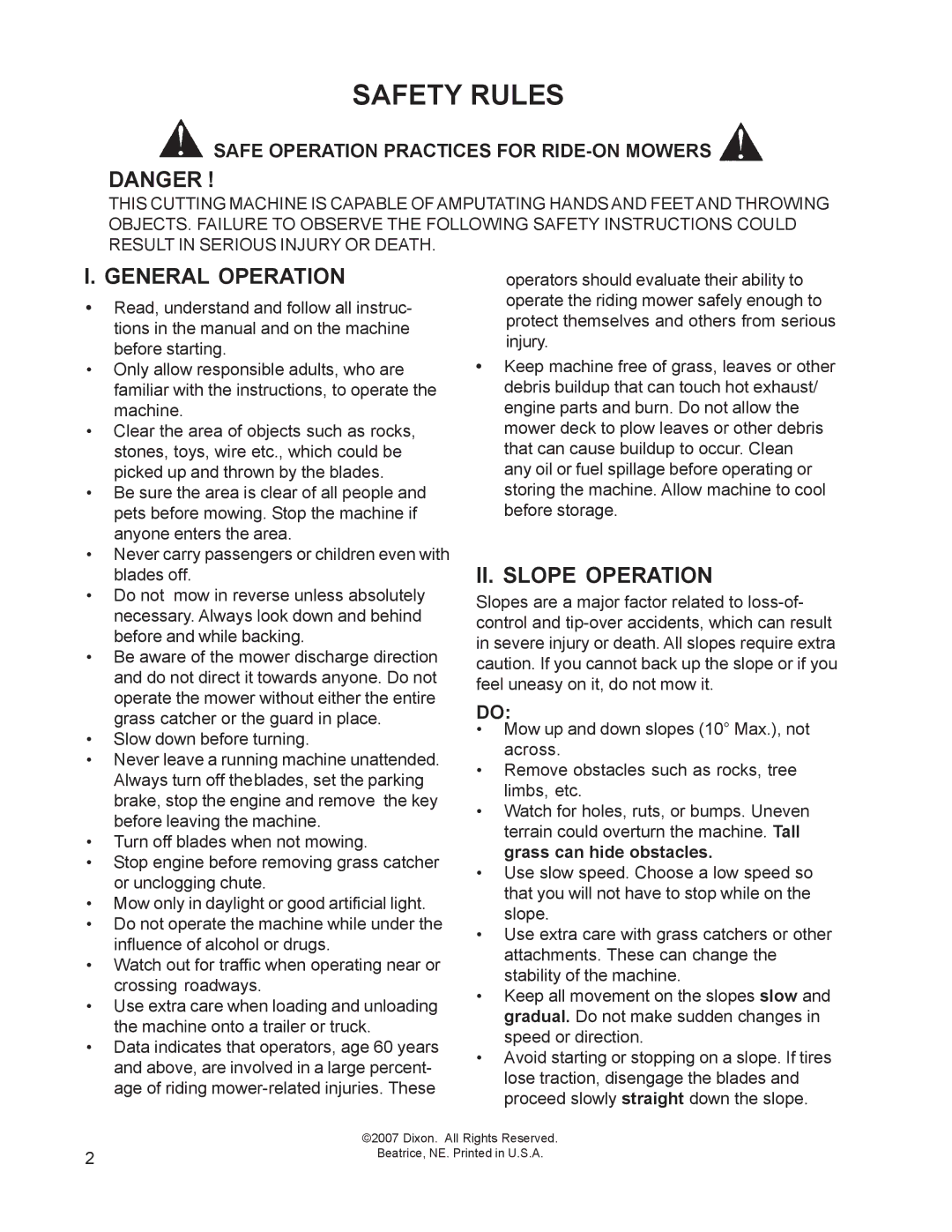 Dixon 114893 - DCK2, 114892-DCR2 manual Safety Rules, Safe Operation Practices for RIDE-ON Mowers 