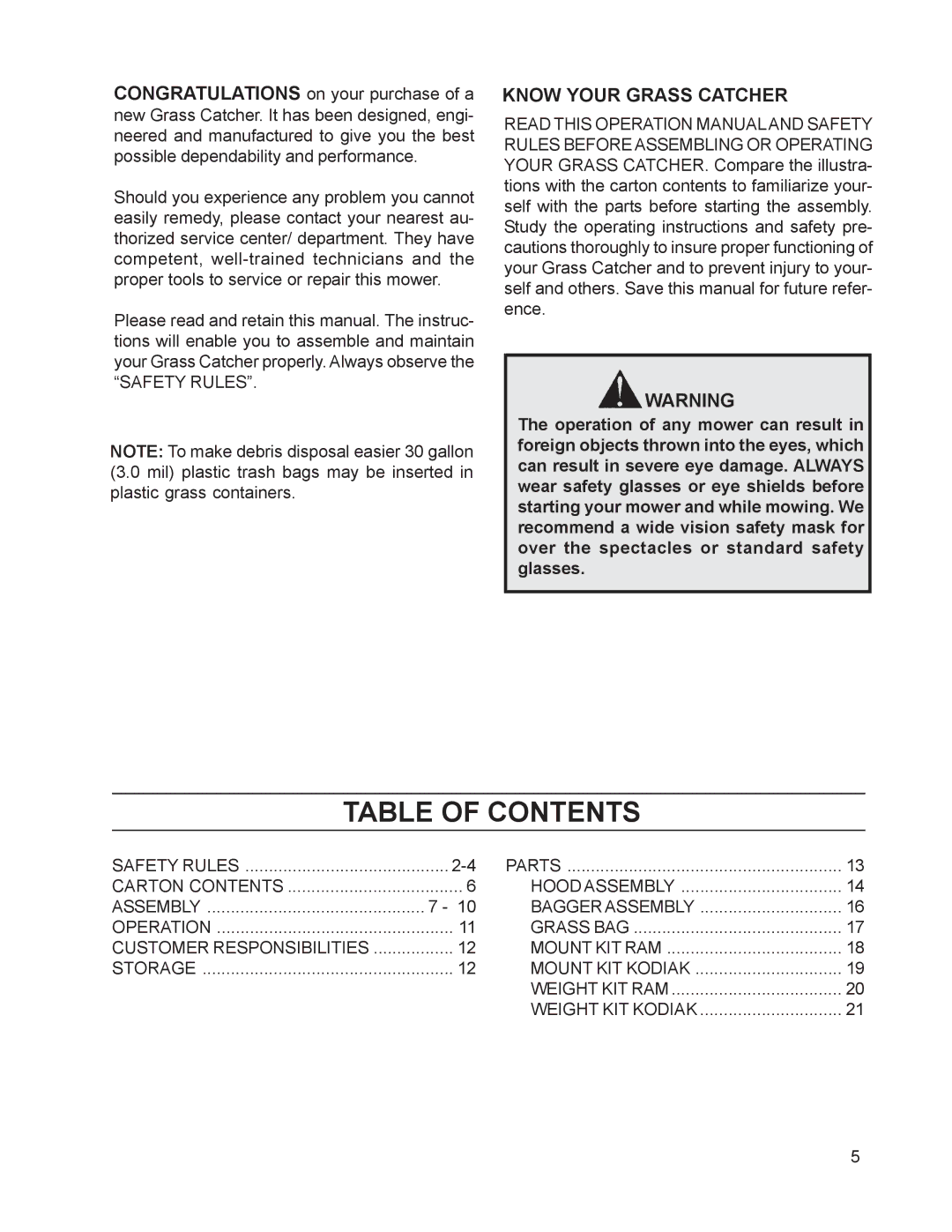 Dixon 114892-DCR2, 114893 - DCK2 manual Table of Contents 