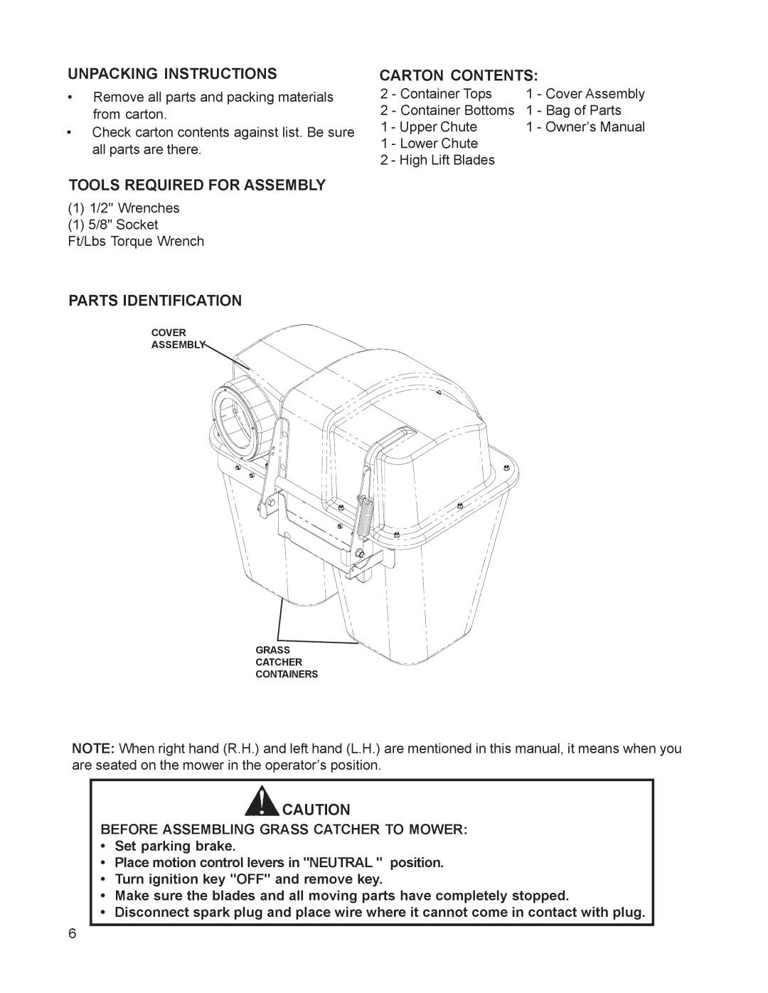 Dixon 114893 - DCK2 manual Unpacking Instructions, Carton Contents, Tools Required for Assembly, Parts Identification 