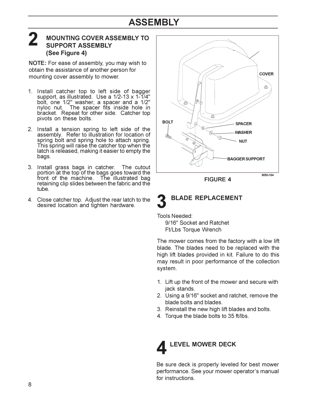 Dixon 114893 - DCK2, 114892-DCR2 manual Support Assembly, Blade Replacement, Level Mower Deck, Mounting Cover Assembly to 