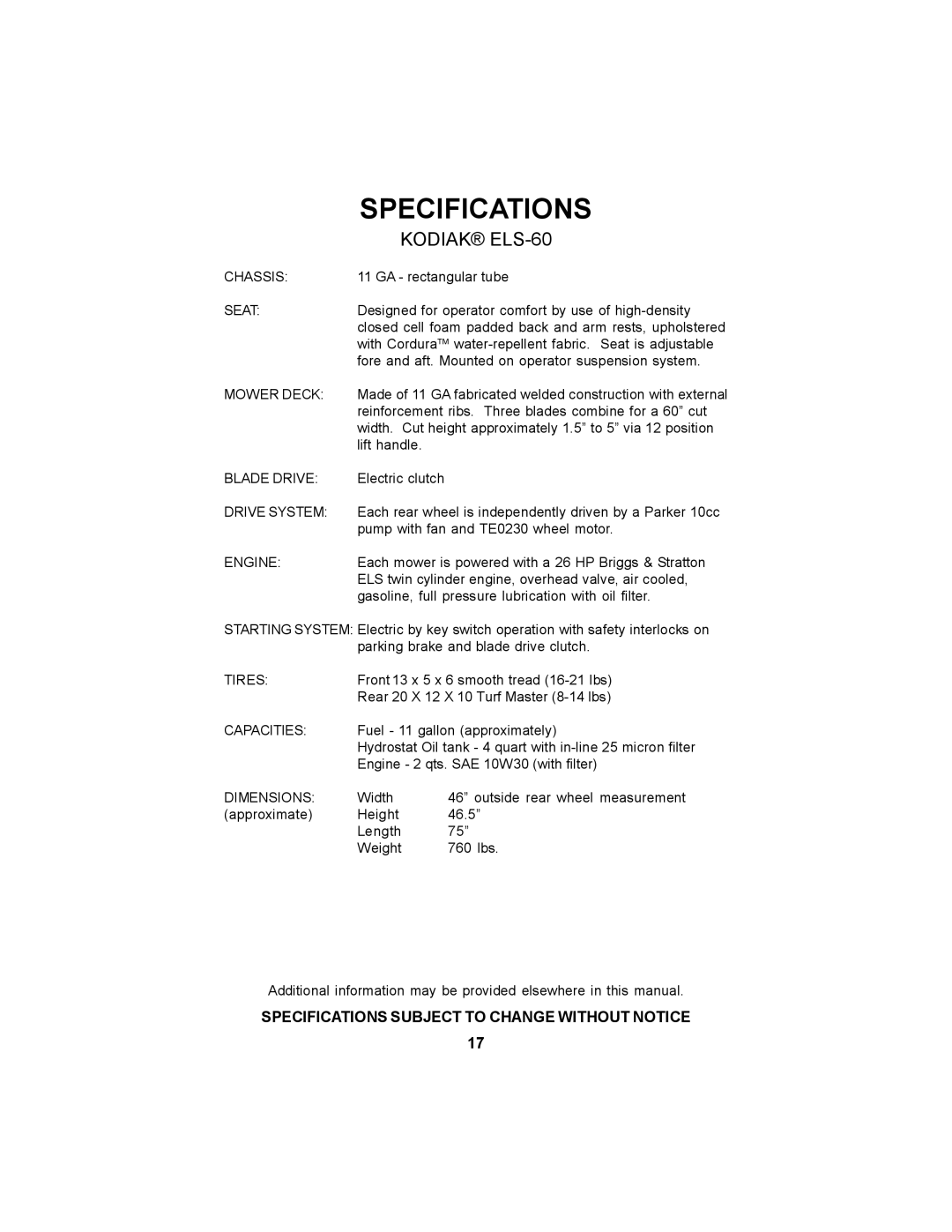 Dixon 11806-106 manual Specifications, Kodiak ELS-60 