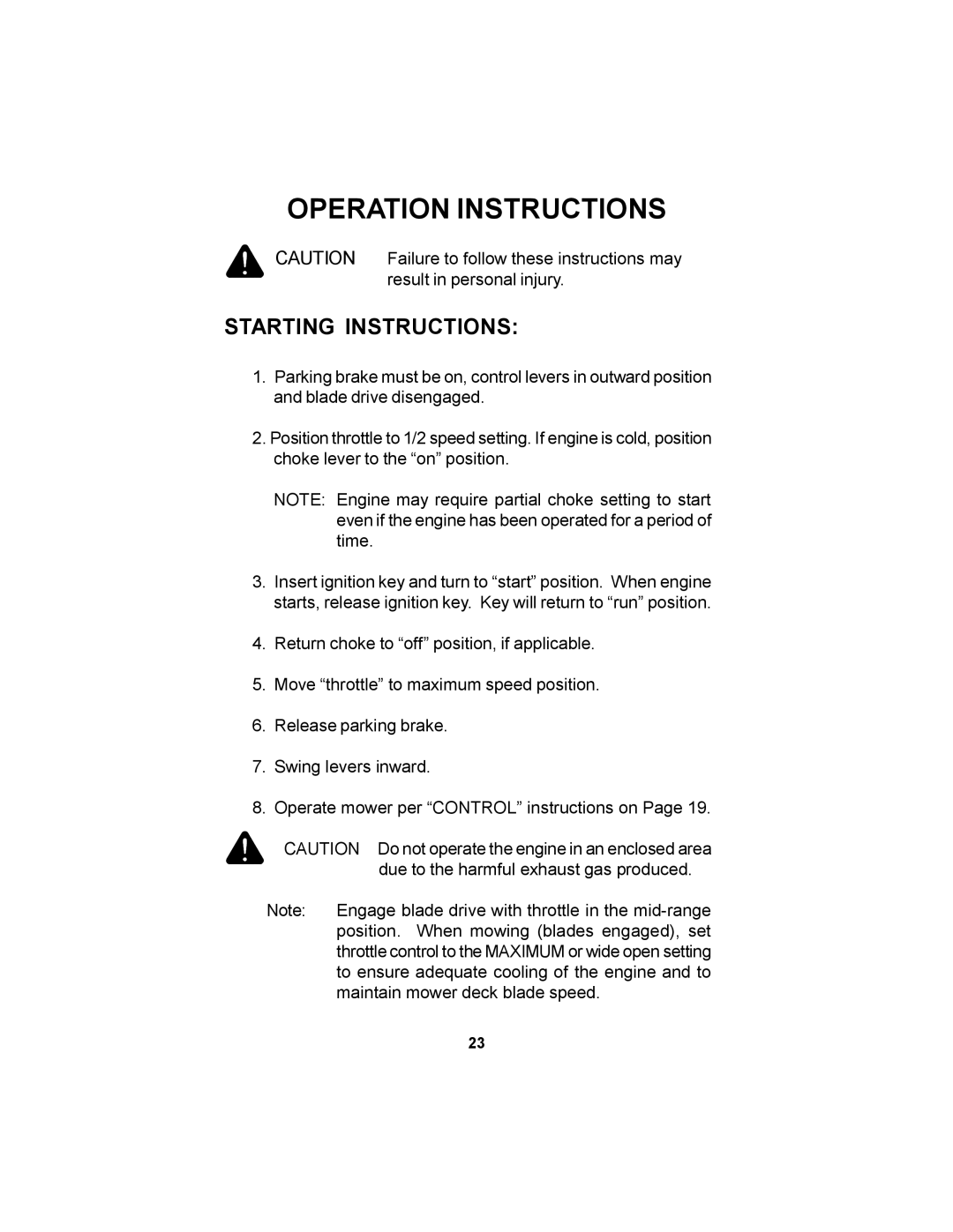 Dixon 11806-106 manual Starting Instructions 