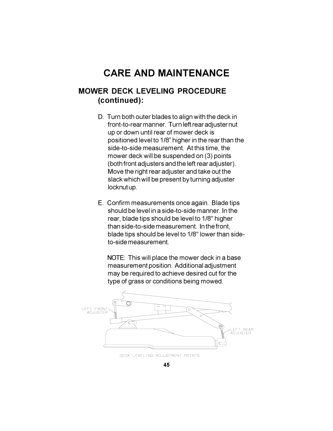 Dixon 11806-106 manual Mower Deck Leveling Procedure 