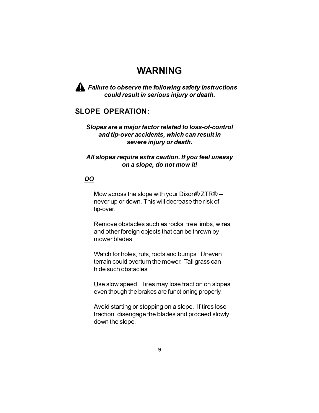 Dixon 11806-106 manual Slope Operation 