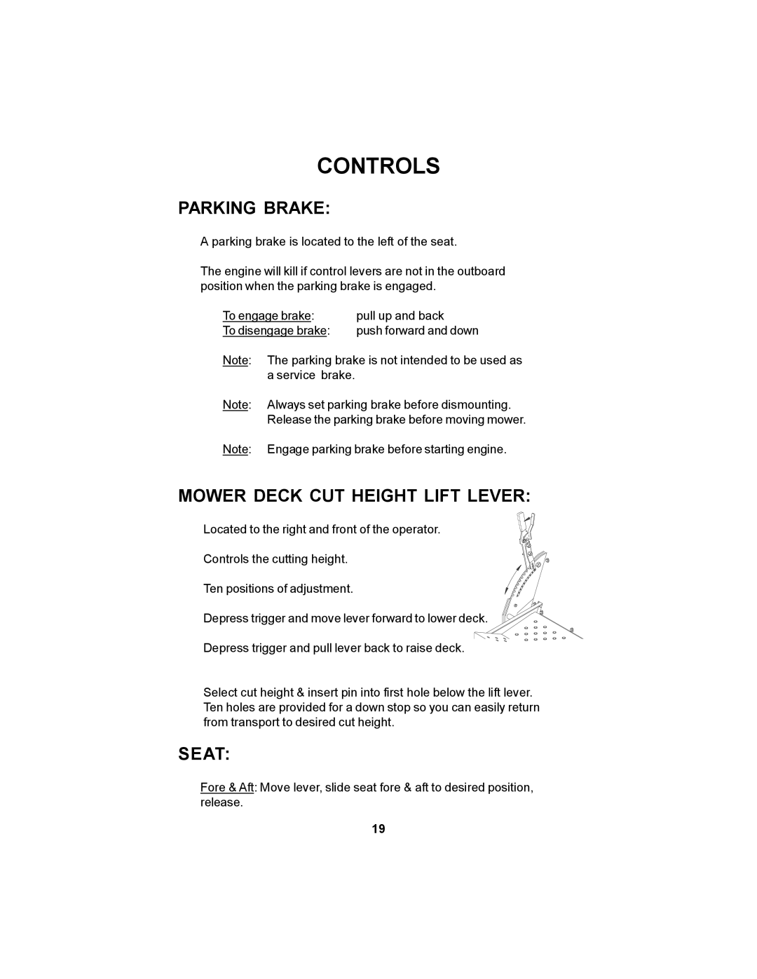 Dixon 12881-106 manual Parking Brake, Mower Deck CUT Height Lift Lever, Seat 