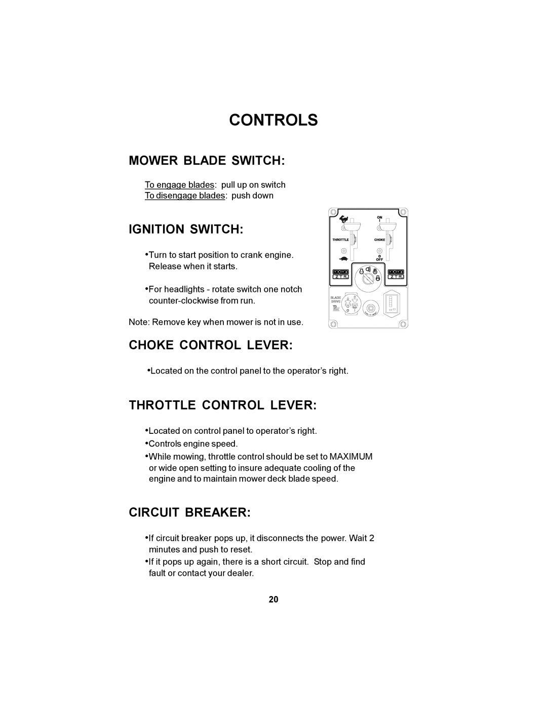 Dixon 12881-106 manual Mower Blade Switch, Ignition Switch, Choke Control Lever, Throttle Control Lever, Circuit Breaker 