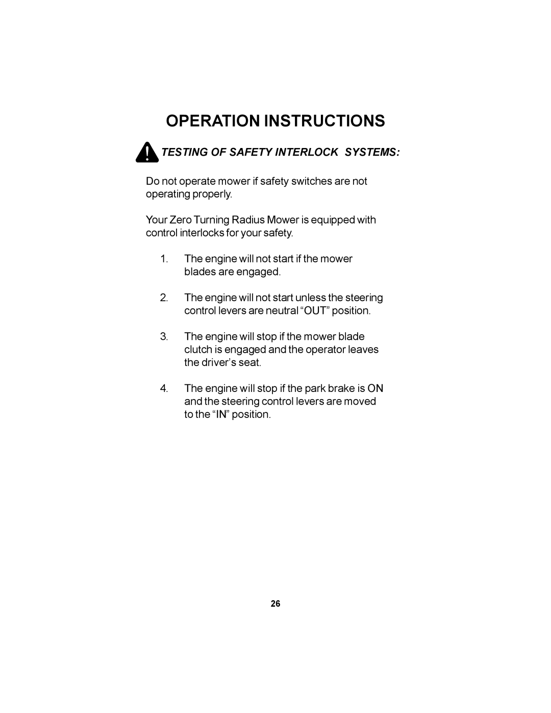 Dixon 12881-106 manual Testing of Safety Interlock Systems 