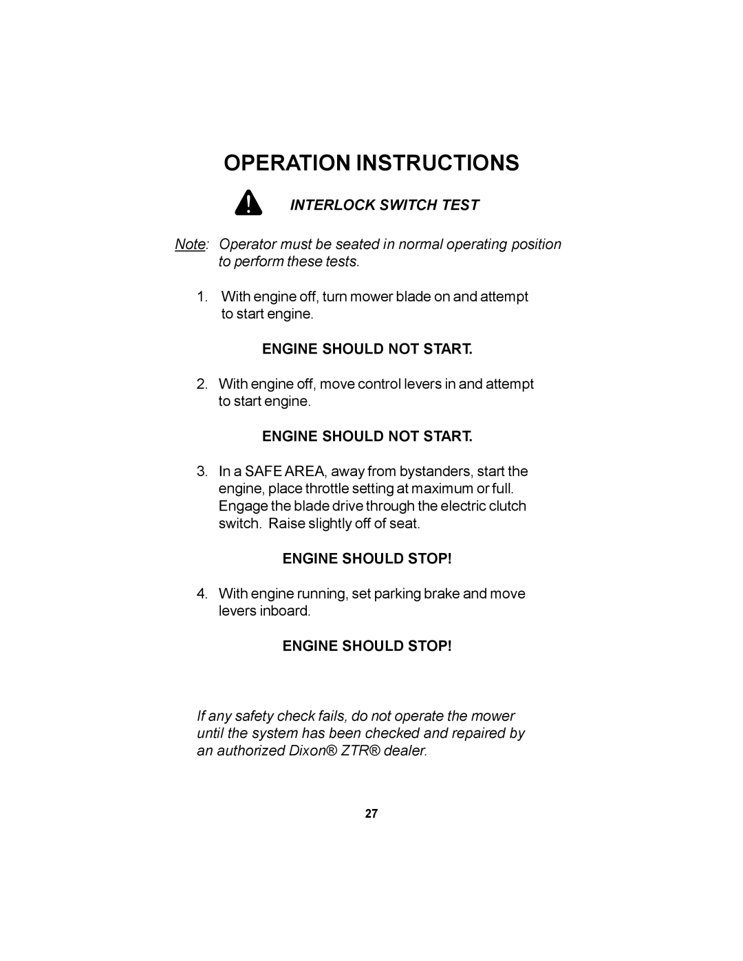 Dixon 12881-106 manual Interlock Switch Test 