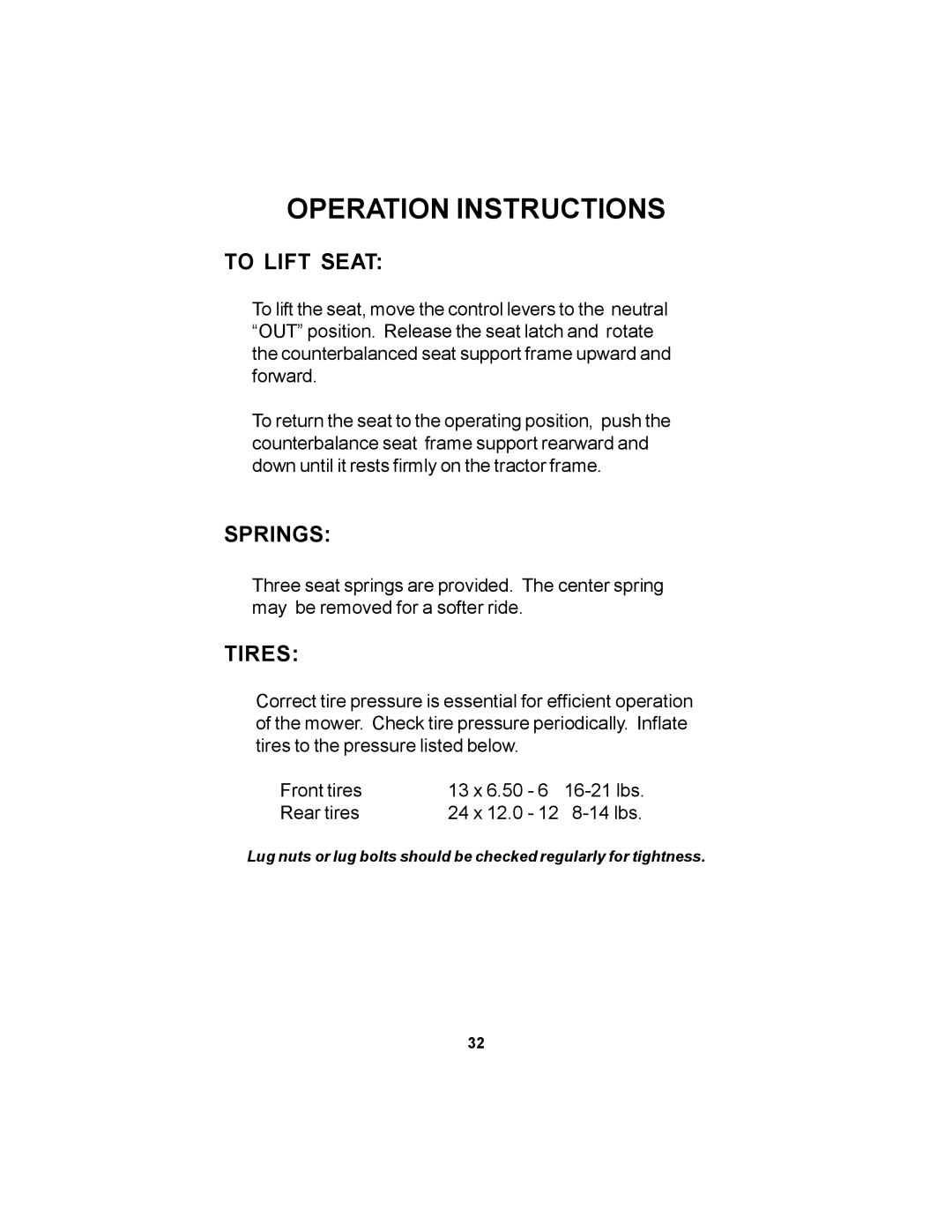 Dixon 12881-106 manual To Lift Seat, Springs, Tires 