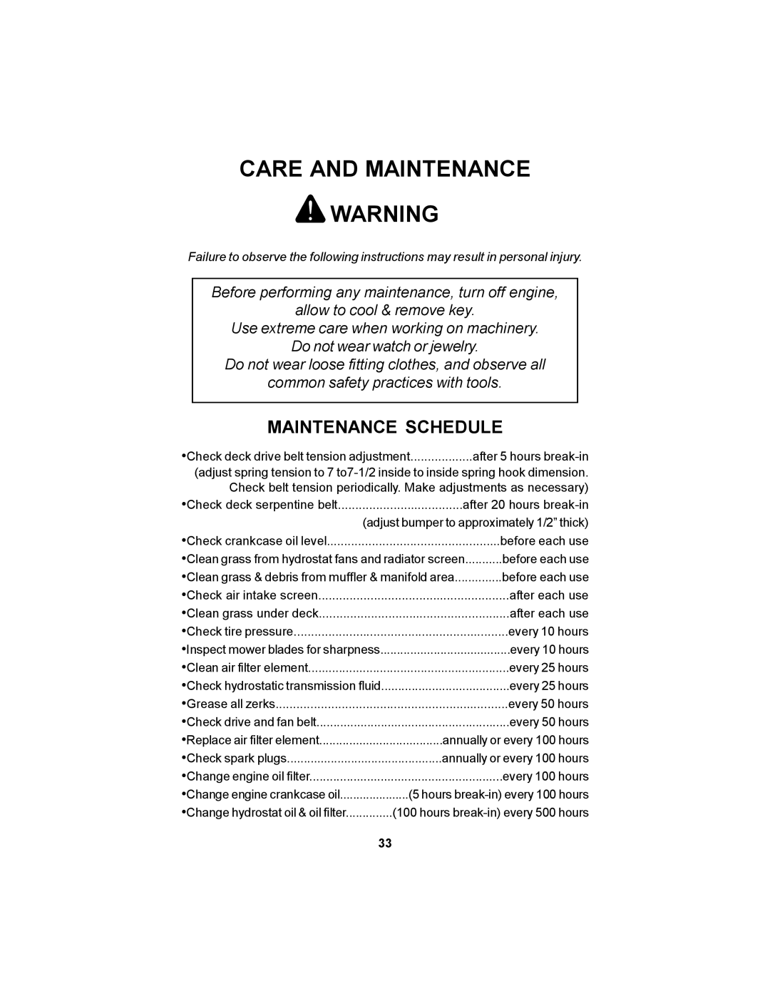 Dixon 12881-106 manual Care and Maintenance, Maintenance Schedule 