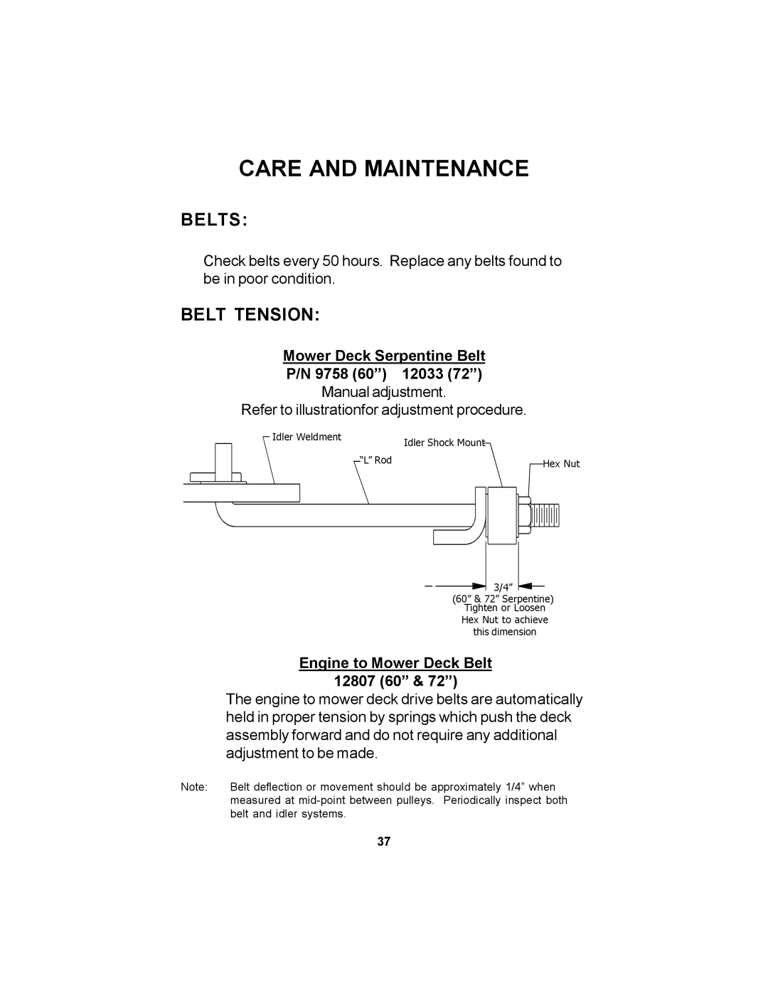 Dixon 12881-106 manual Belts, Belt Tension 